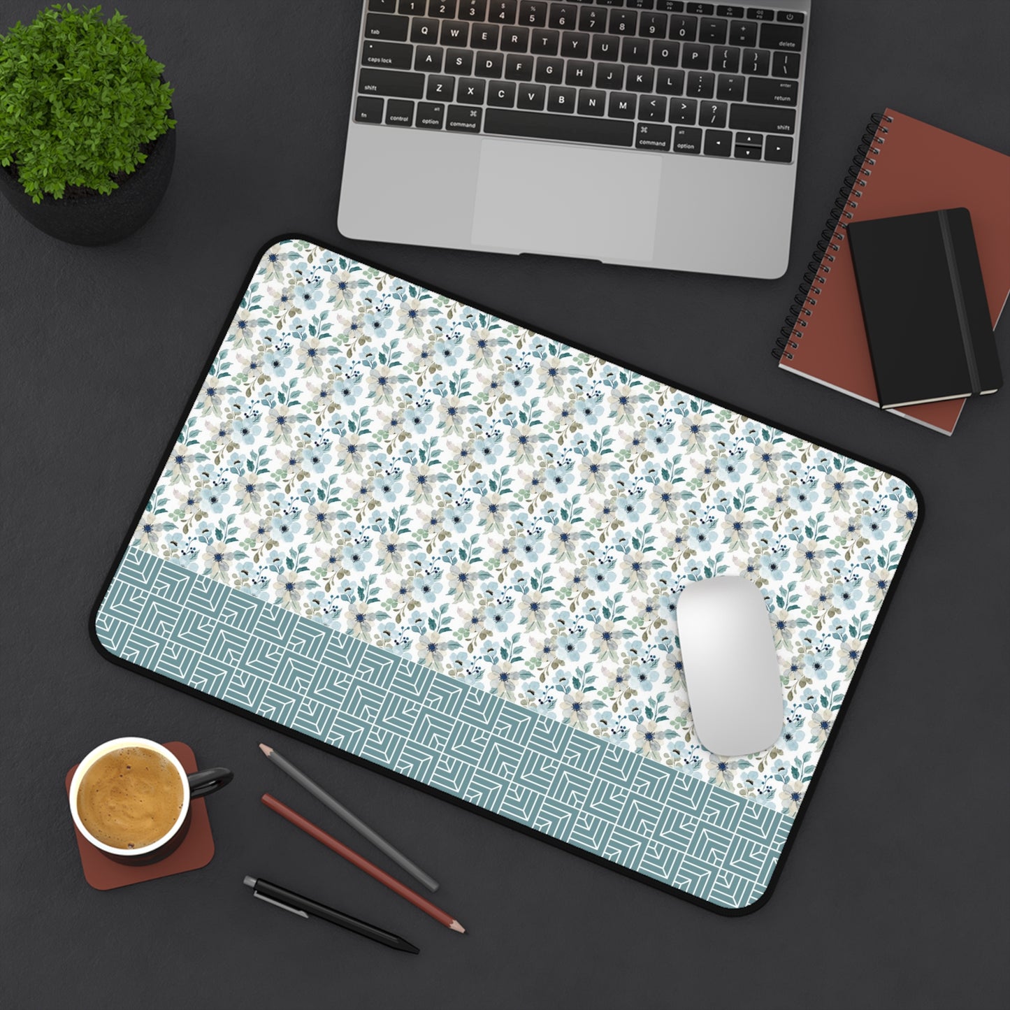 Chic Floral Desk Mat with Geometric Pattern, Hemmed Edges, Stylish Work Surface, Home Office Decor, Gift for Students, Large Mouse Pad