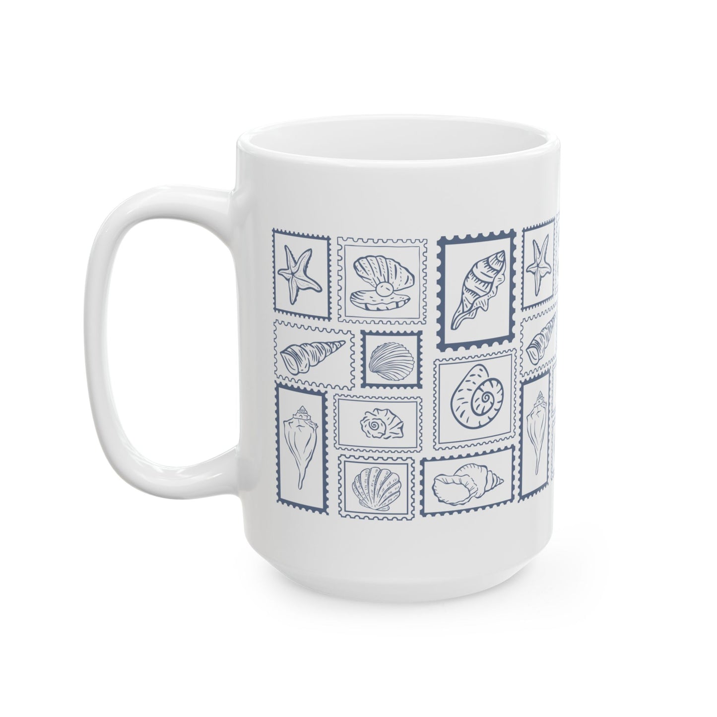 Shells & Stamps Ceramic Mug - Coastal Decor, Ocean Lover Gift, Nautical Kitchen, Beach House Essentials, Summer Vibes