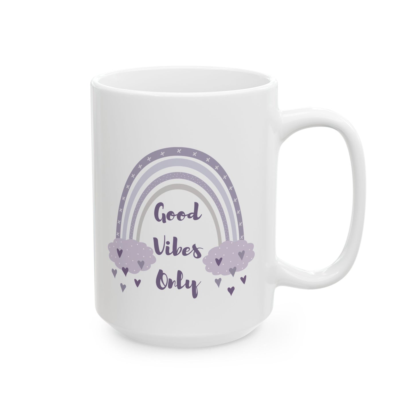 Purple Rainbow Hearts Good Vibes Only Ceramic Mug, Cute Coffee Cup, Gift for Her, Cute Tea Cup, BPA Free Ceramic Mug 11oz/15oz