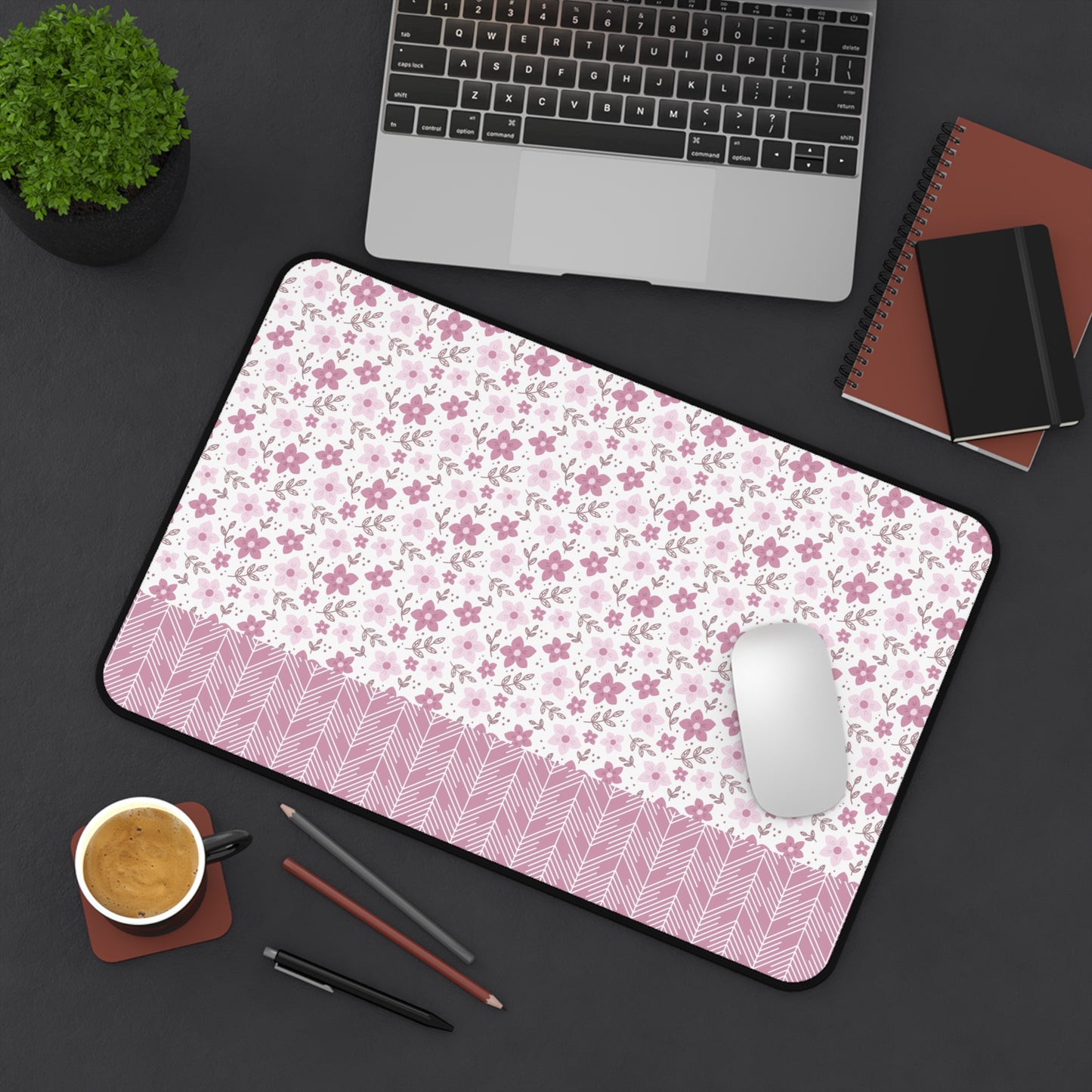 Floral Desk Mat with Geometric Pattern, Hemmed Edges, Stylish Work Surface, Home Office Decor, Gift for Students, Large Computer Mouse Pad