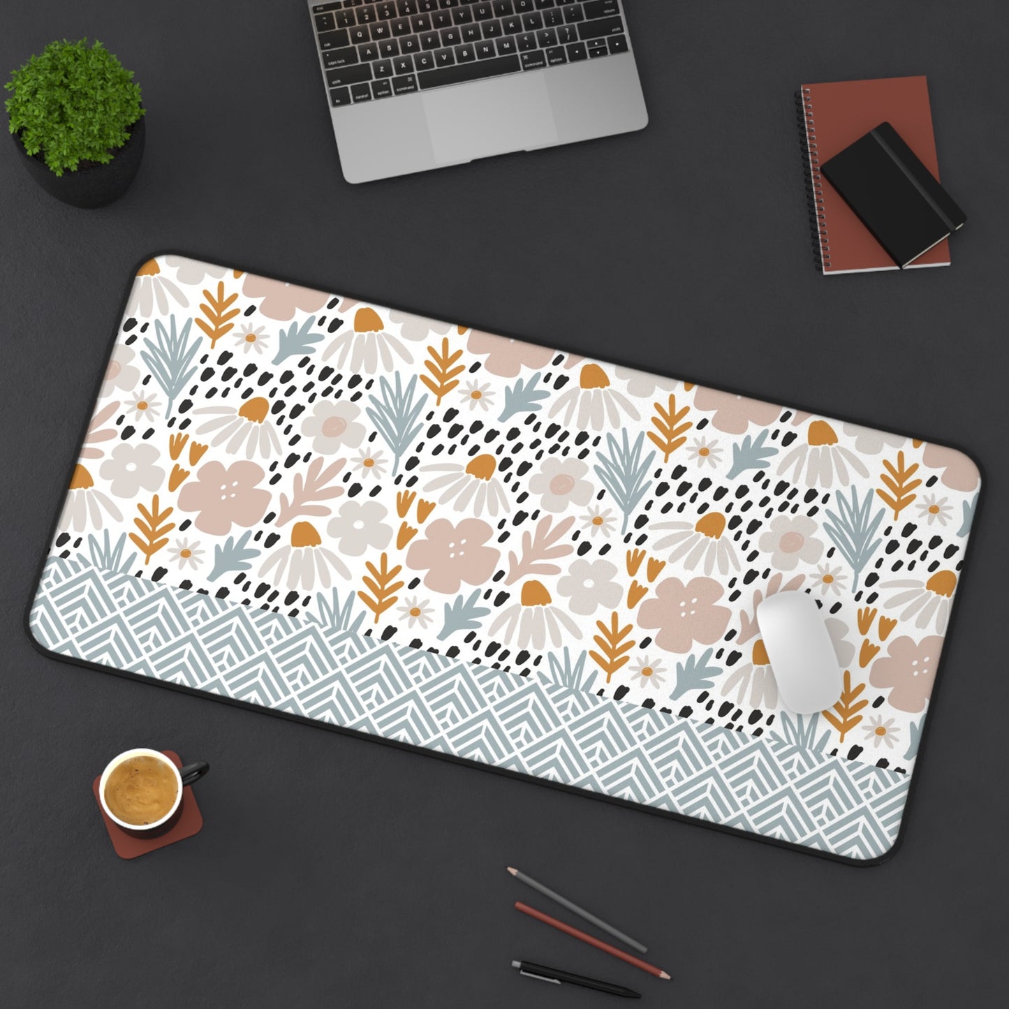 Floral Desk Mat with Geometric Pattern, Hemmed Edges, Stylish Work Surface, Home Office Decor, Gift for Students, Large Computer Mouse Pad