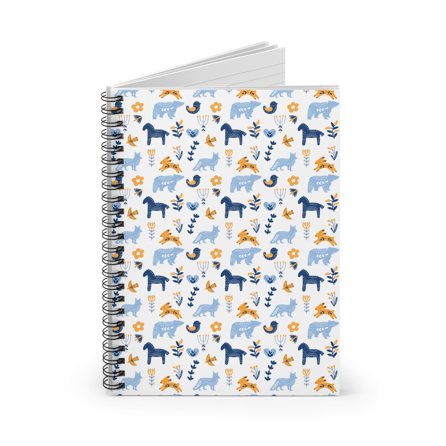 Spiral Notebook, Scandinavian Folk Art Inspired Design, Perfect for Journaling, Scandi Floral Animal Prints, Horse, Bear, Rabbit