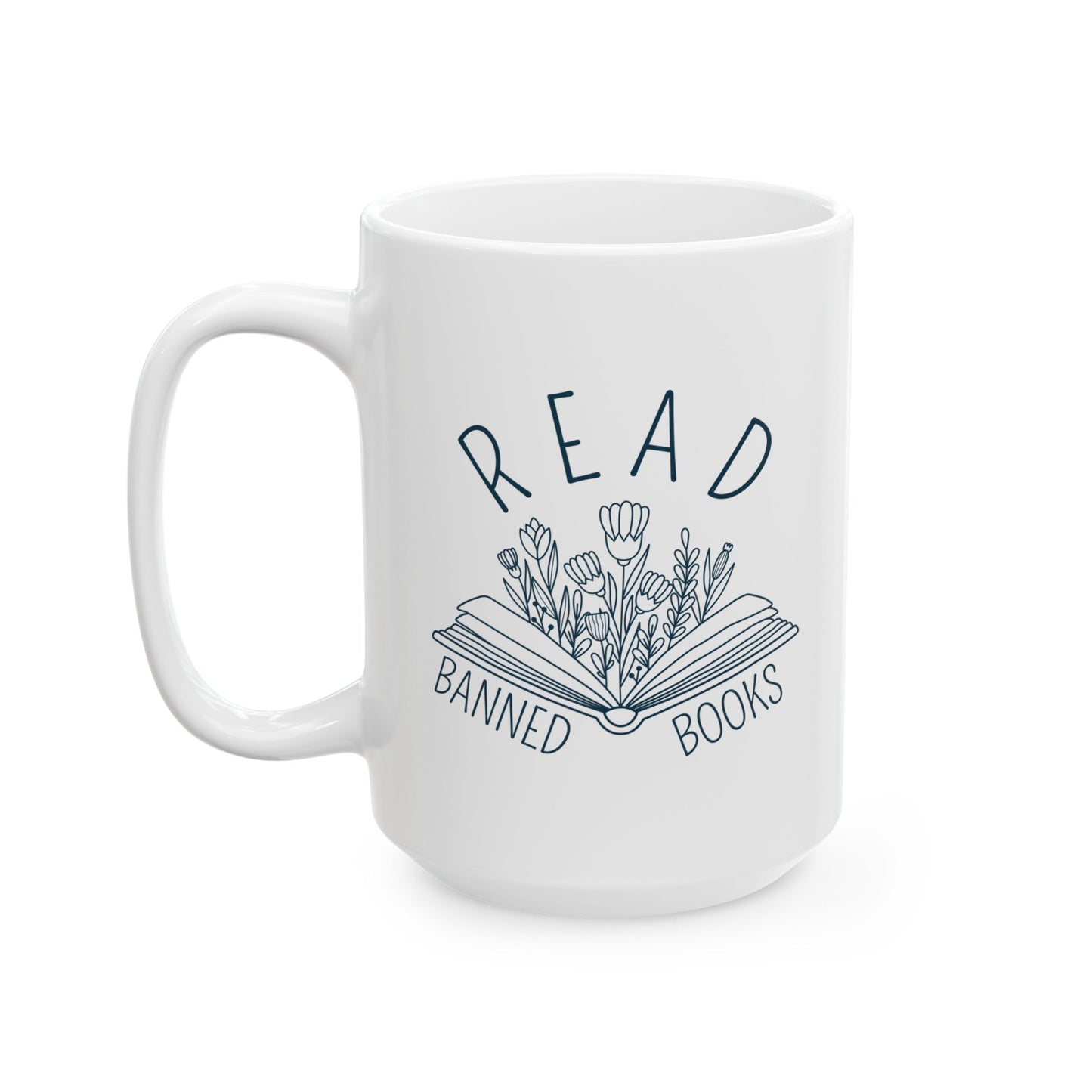 Ceramic Mug, Book Line Art with Flowers, Read Banned Books Coffee Cup, Literary Mug, Book Lover Gift, Library Decor, Bookworm Gift, Bookish