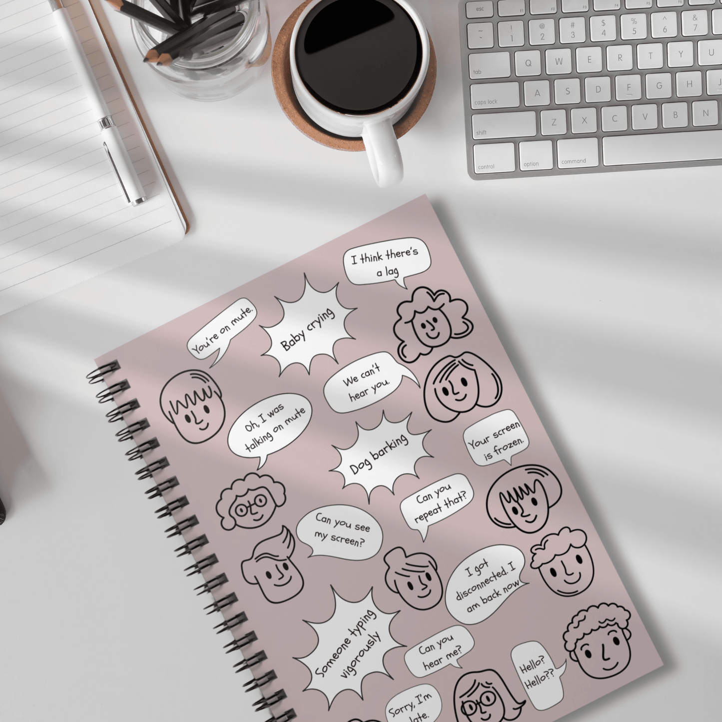 Funny Spiral Notebook - Ruled Line with Document Pocket, Dusty Rose, Work from Home Essentials, Conference Call Bingo, You're on Mute