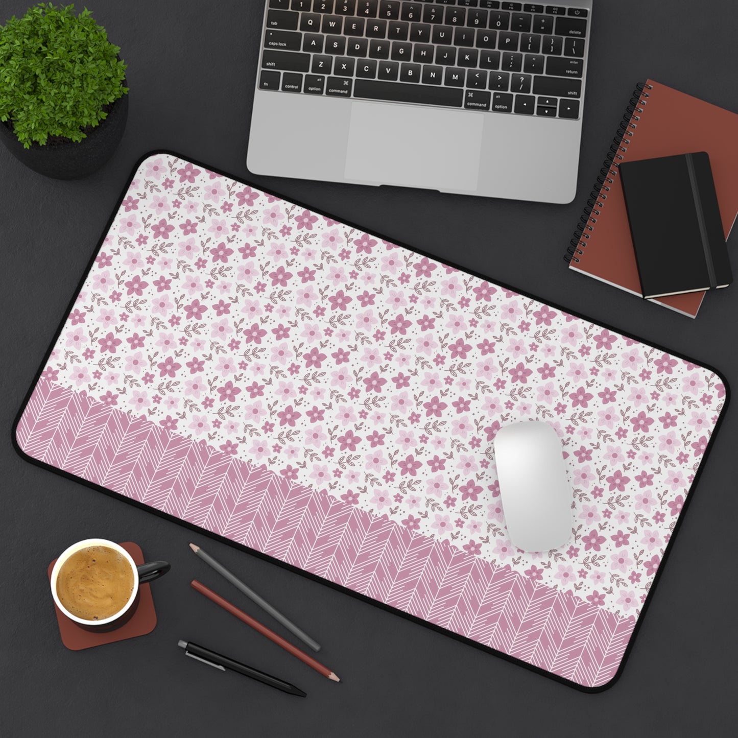 Floral Desk Mat with Geometric Pattern, Hemmed Edges, Stylish Work Surface, Home Office Decor, Gift for Students, Large Computer Mouse Pad