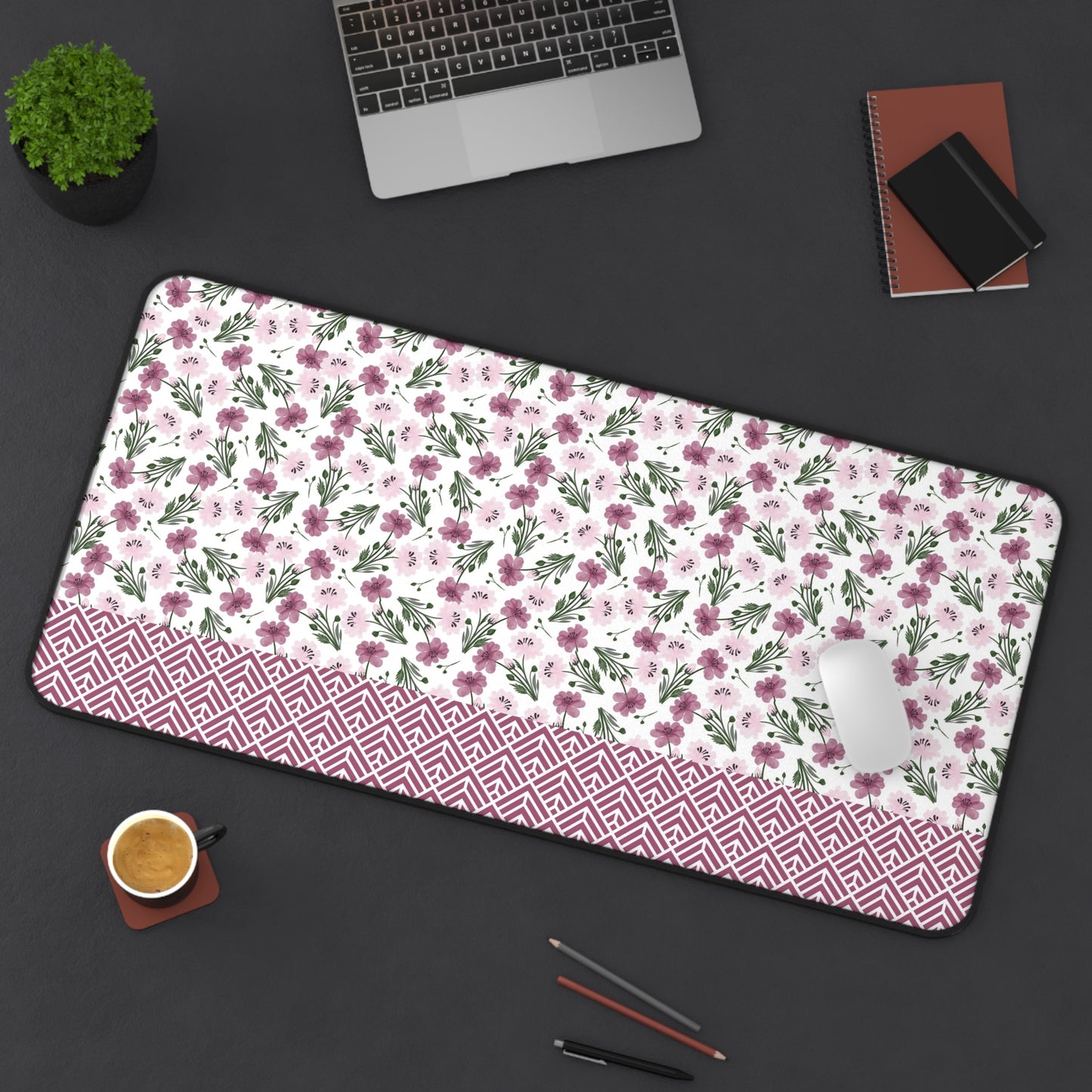 Floral Desk Mat with Geometric Pattern, Hemmed Edges, Stylish Work Surface, Home Office Decor, Gift for Students, Large Computer Mouse Pad