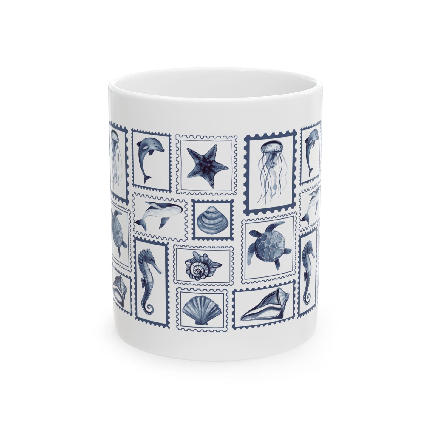 Nautical Ceramic Mug, 11oz and 15oz, Stamp Design Ocean-Themed Drinkware, Sea Life Coffee Cup, Coastal Decor, Ideal Gift for Marine Lovers