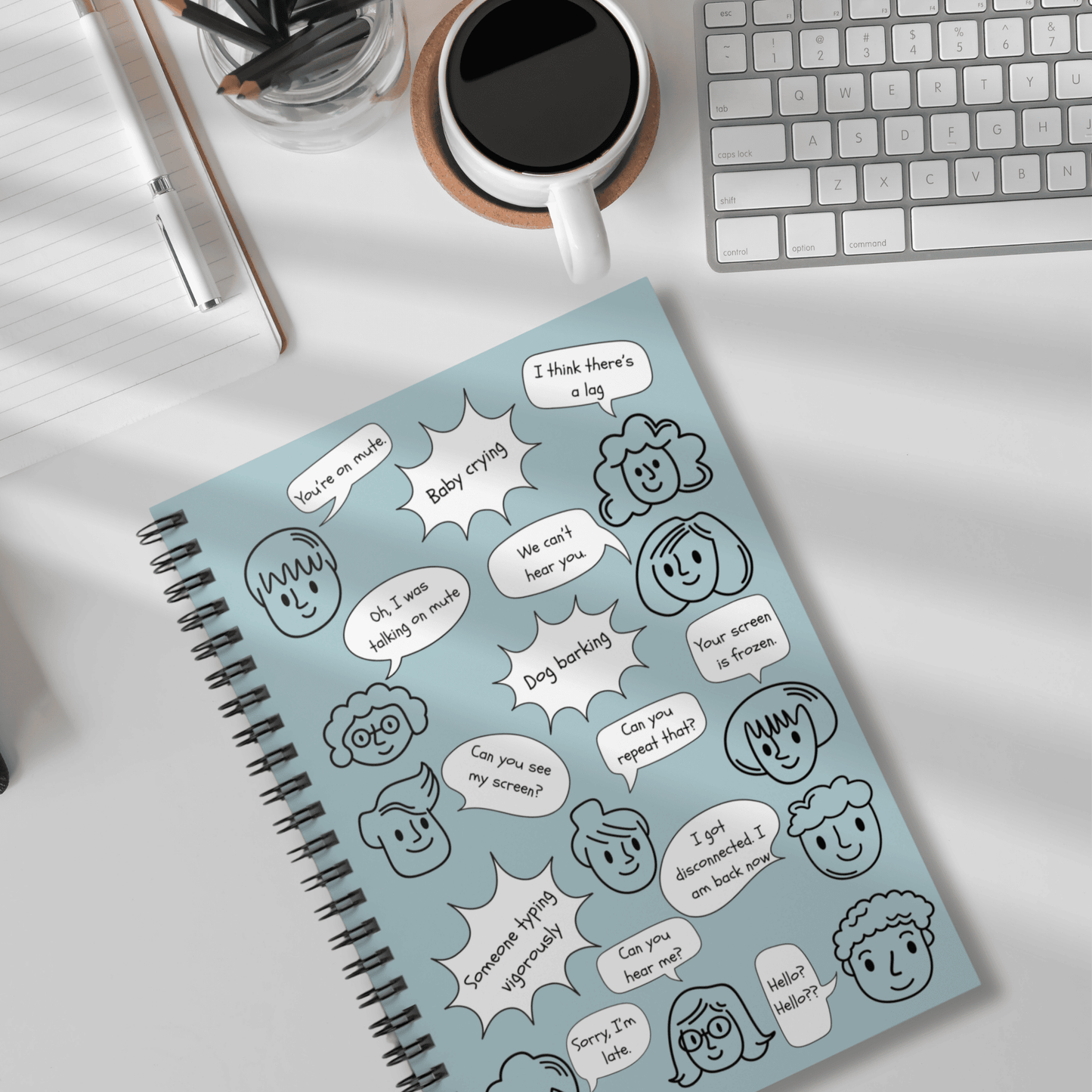 Funny Whimsical Spiral Notebook with Document Pocket, Remote Working Humor, Conference Call Bingo, Home Office, Gift for Boss, Coworker