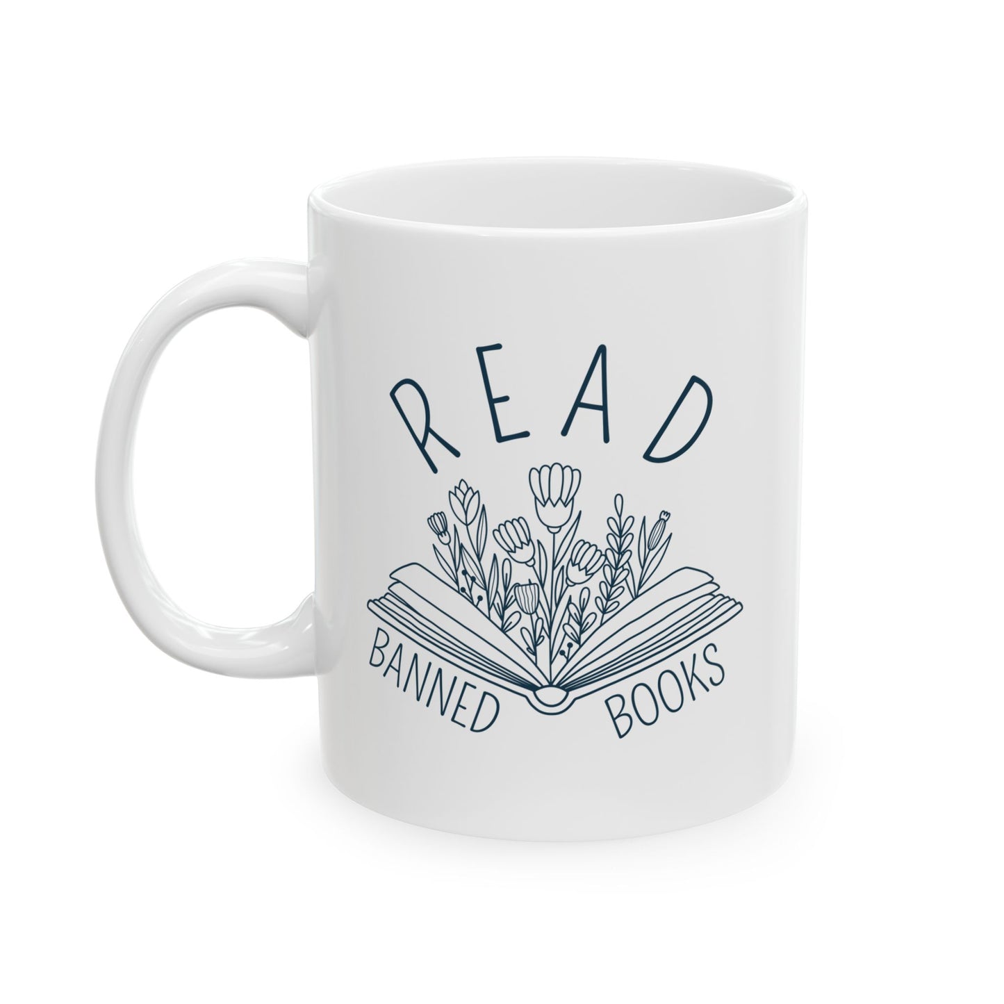 Ceramic Mug, Book Line Art with Flowers, Read Banned Books Coffee Cup, Literary Mug, Book Lover Gift, Library Decor, Bookworm Gift, Bookish