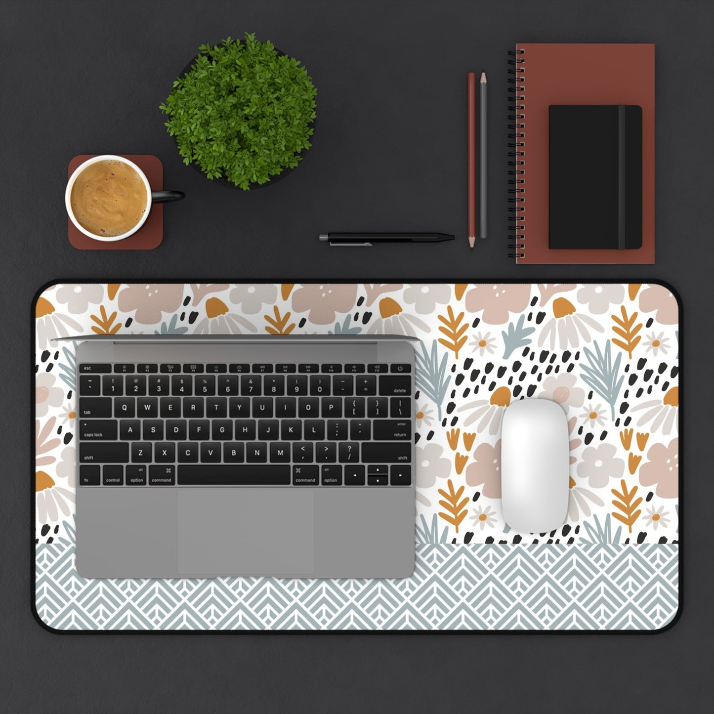 Floral Desk Mat with Geometric Pattern, Hemmed Edges, Stylish Work Surface, Home Office Decor, Gift for Students, Large Computer Mouse Pad