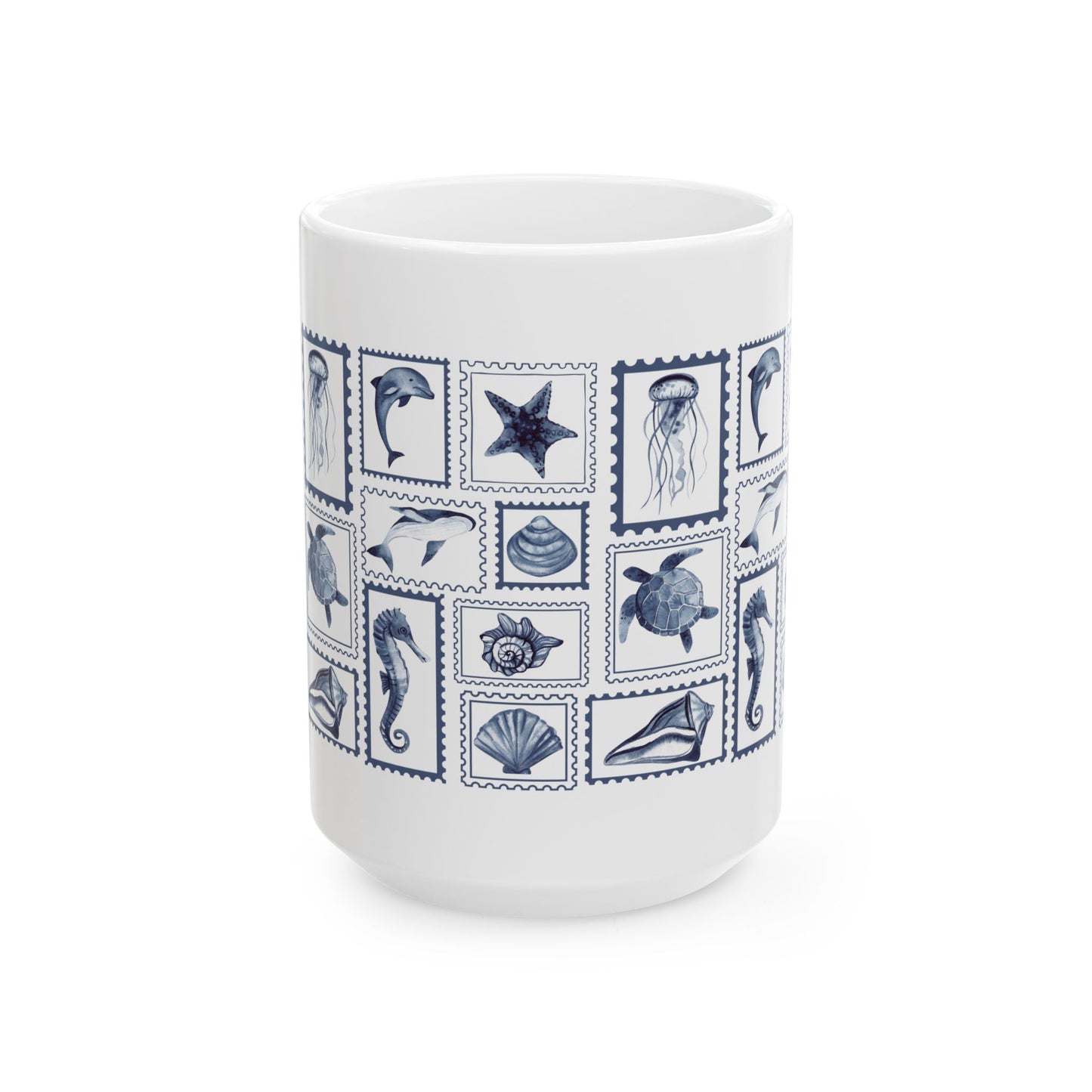 Nautical Ceramic Mug, 11oz and 15oz, Stamp Design Ocean-Themed Drinkware, Sea Life Coffee Cup, Coastal Decor, Ideal Gift for Marine Lovers