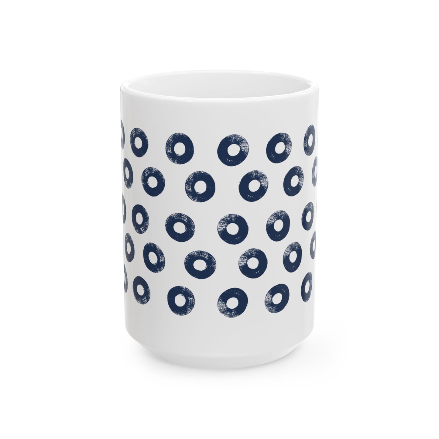 Navy Circles Ceramic Coffee Mug, Distressed Brush Circles Indigo Tea Cup for Home, Office, Cute Coffee Cup, Tea Lover's Mug, Unisex gift