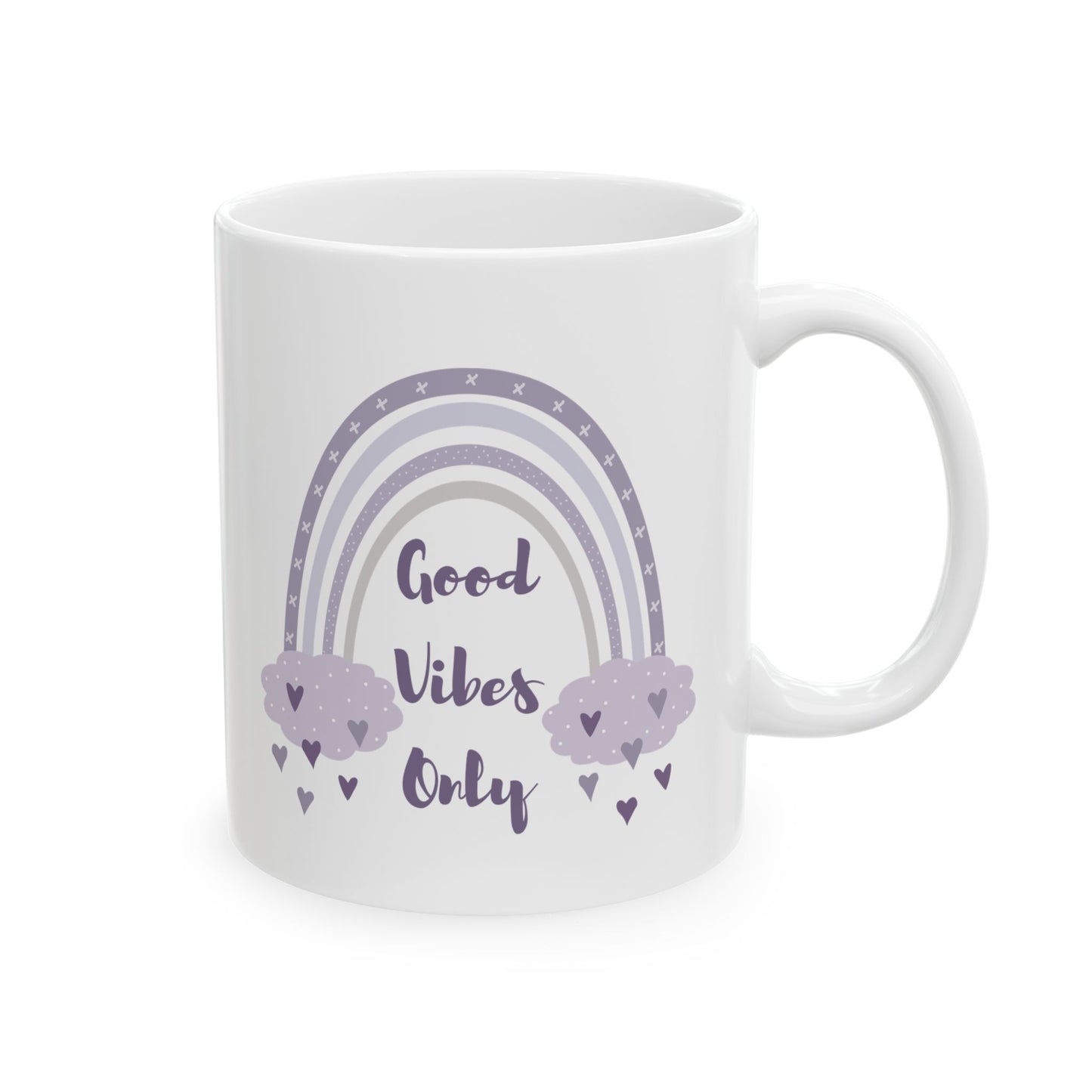 Purple Rainbow Hearts Good Vibes Only Ceramic Mug, Cute Coffee Cup, Gift for Her, Cute Tea Cup, BPA Free Ceramic Mug 11oz/15oz