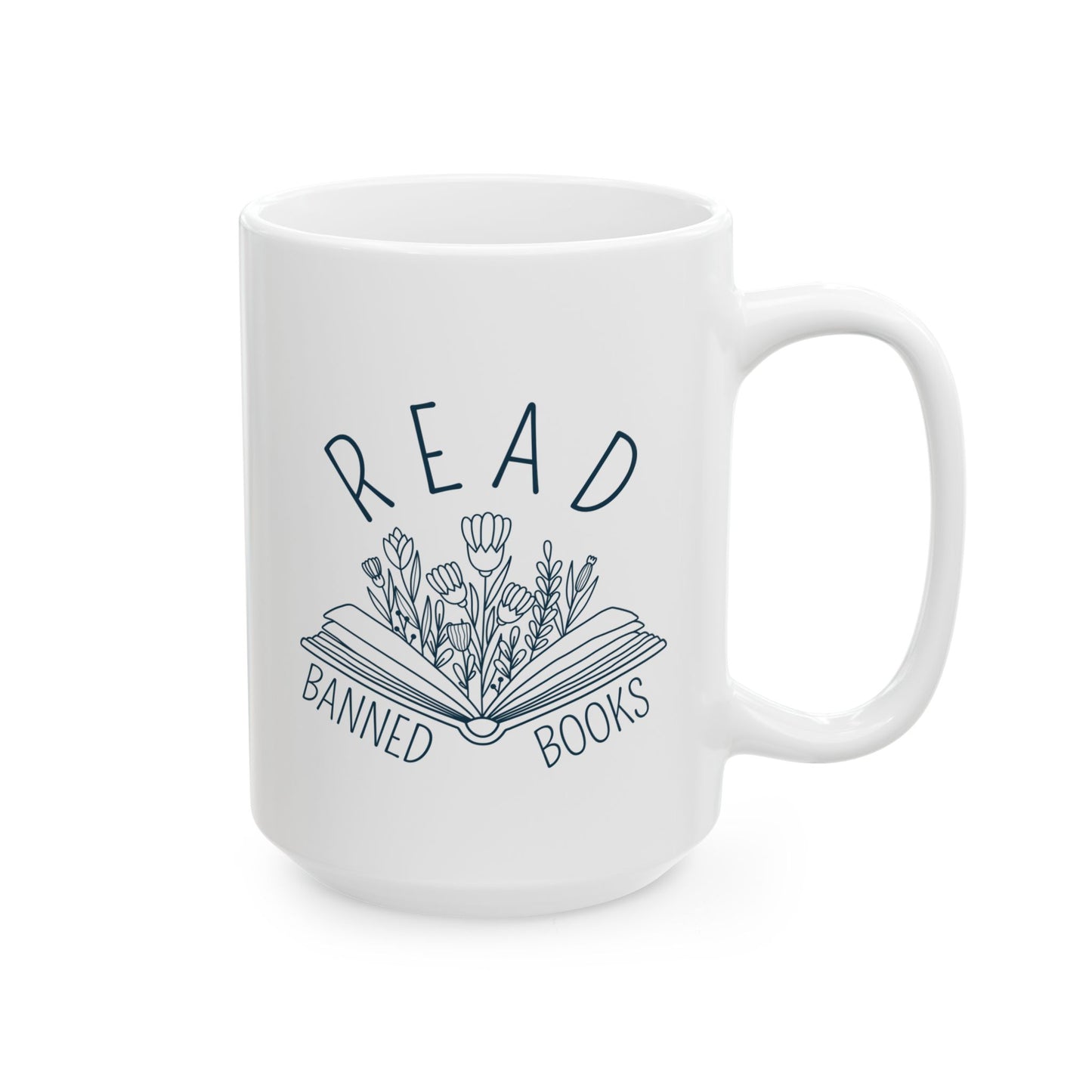 Ceramic Mug, Book Line Art with Flowers, Read Banned Books Coffee Cup, Literary Mug, Book Lover Gift, Library Decor, Bookworm Gift, Bookish