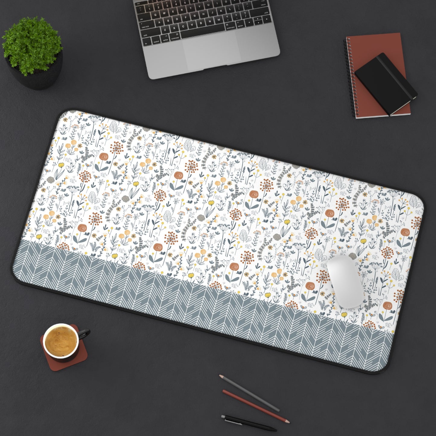 Floral Desk Mat with Geometric Pattern, Hemmed Edges, Stylish Work Surface, Home Office Decor, Gift for Students, Large Computer Mouse Pad