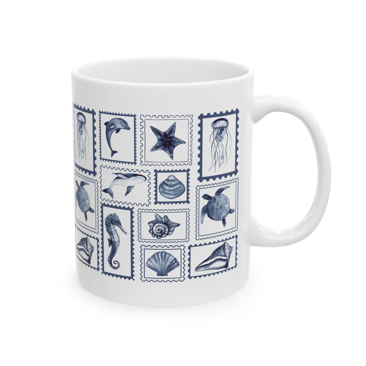 Nautical Ceramic Mug, 11oz and 15oz, Stamp Design Ocean-Themed Drinkware, Sea Life Coffee Cup, Coastal Decor, Ideal Gift for Marine Lovers