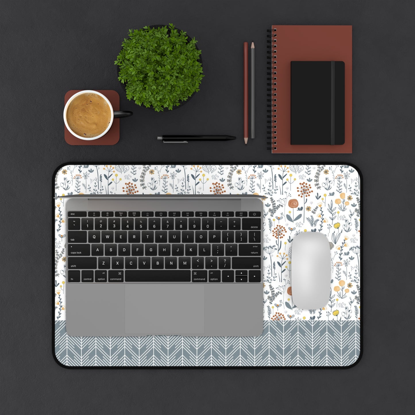 Floral Desk Mat with Geometric Pattern, Hemmed Edges, Stylish Work Surface, Home Office Decor, Gift for Students, Large Computer Mouse Pad