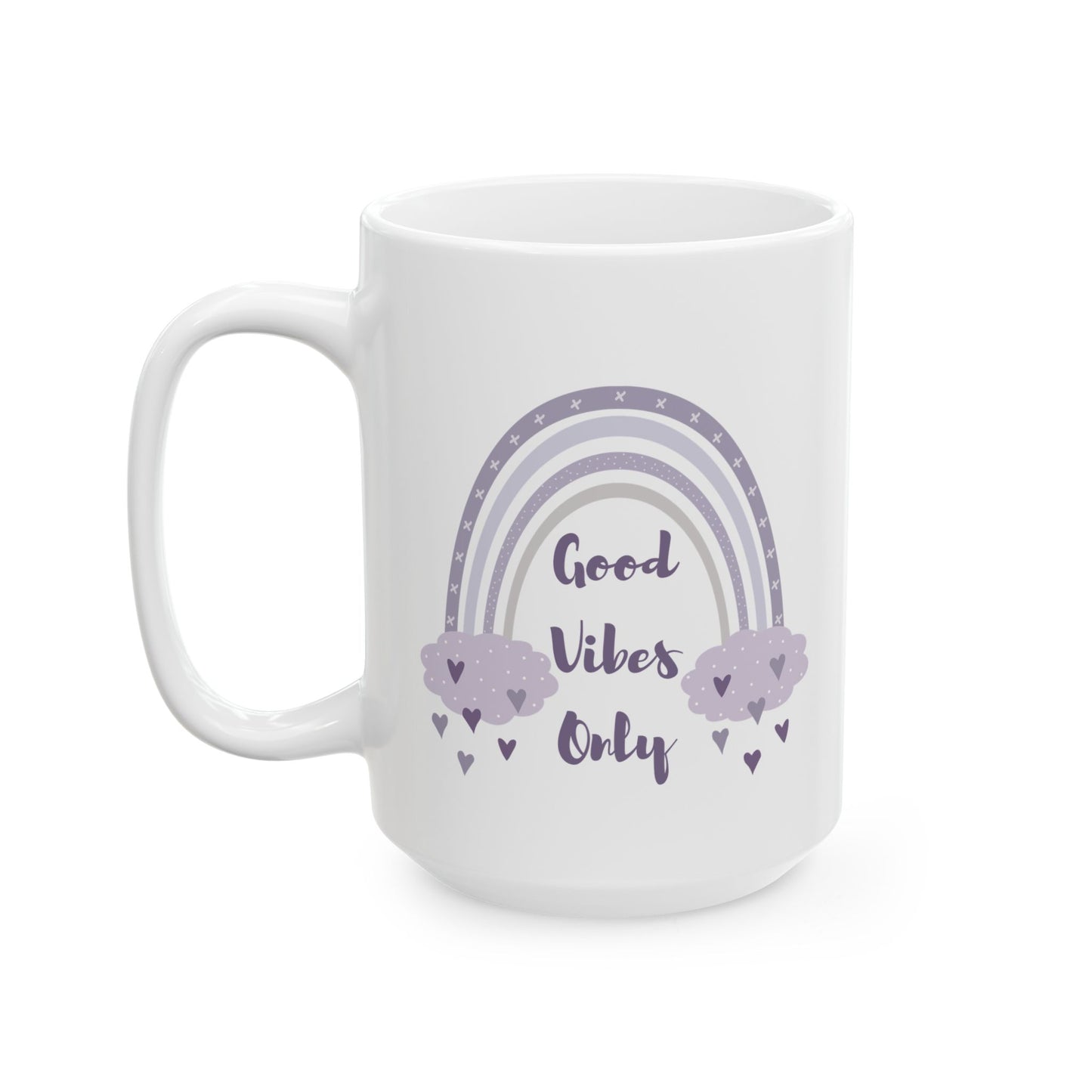 Purple Rainbow Hearts Good Vibes Only Ceramic Mug, Cute Coffee Cup, Gift for Her, Cute Tea Cup, BPA Free Ceramic Mug 11oz/15oz