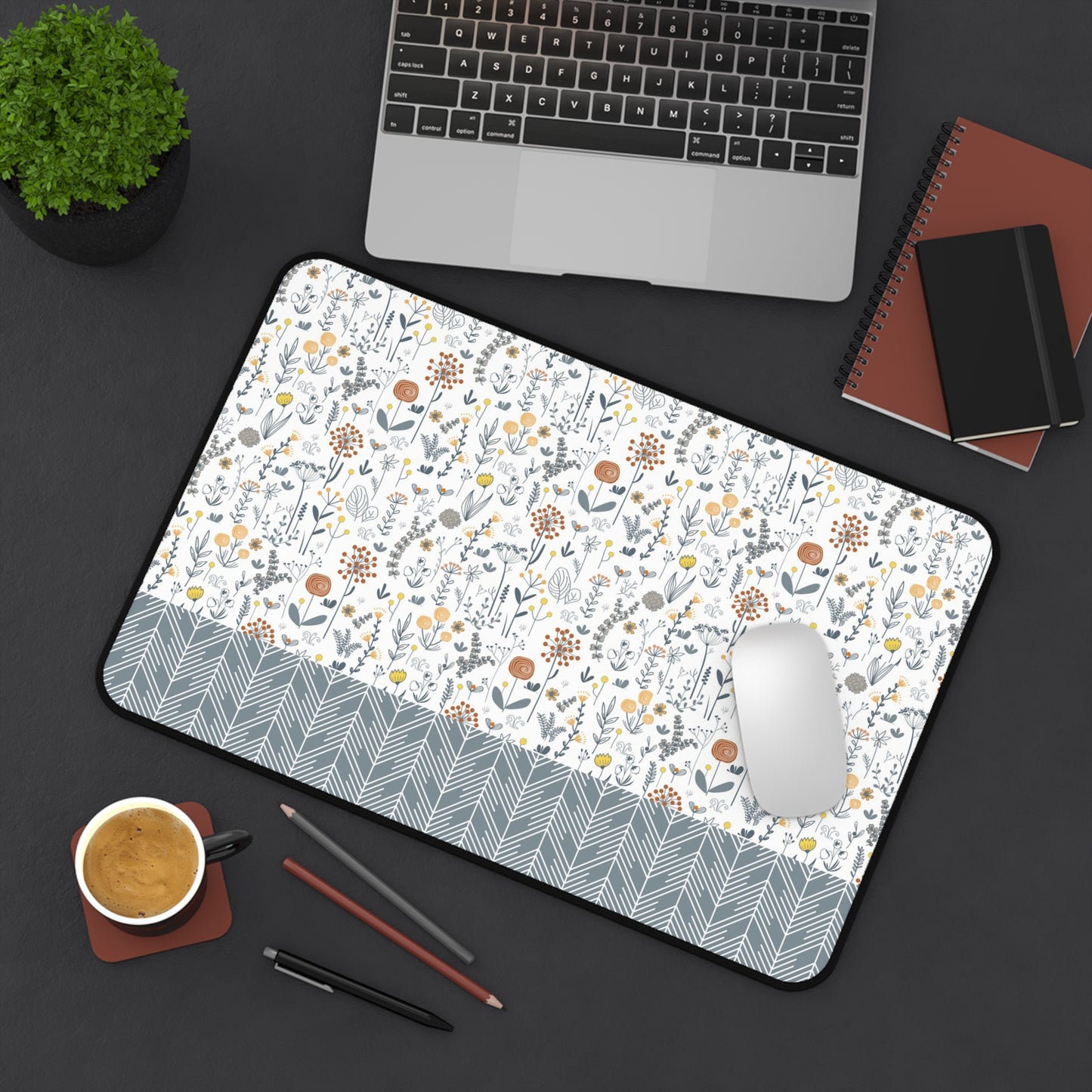 Floral Desk Mat with Geometric Pattern, Hemmed Edges, Stylish Work Surface, Home Office Decor, Gift for Students, Large Computer Mouse Pad