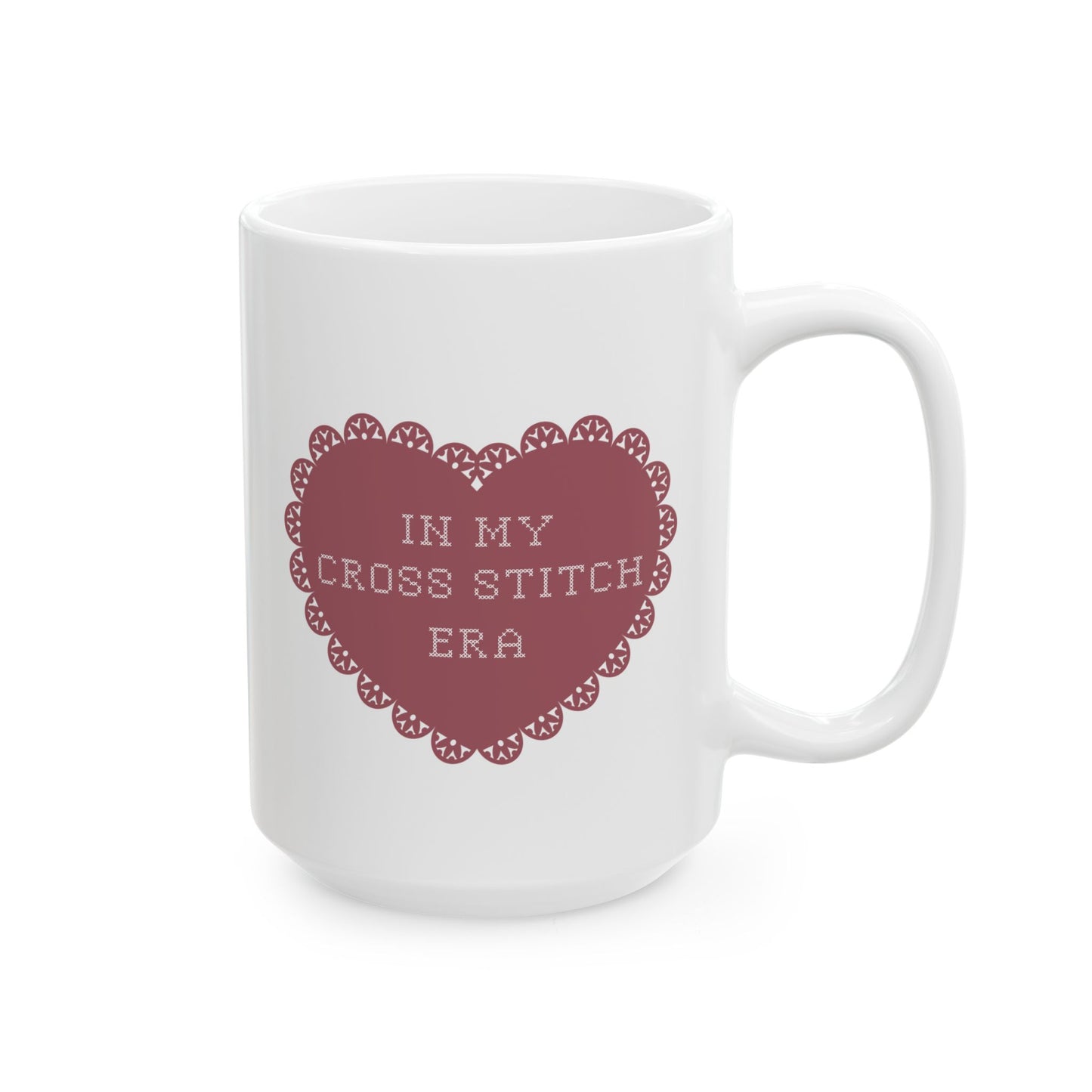 Charming Ceramic Mug for Cross Stitch Lovers with Heart Design, In My Cross Stitch Era, Gift for Her, Coffee Lover's Essential