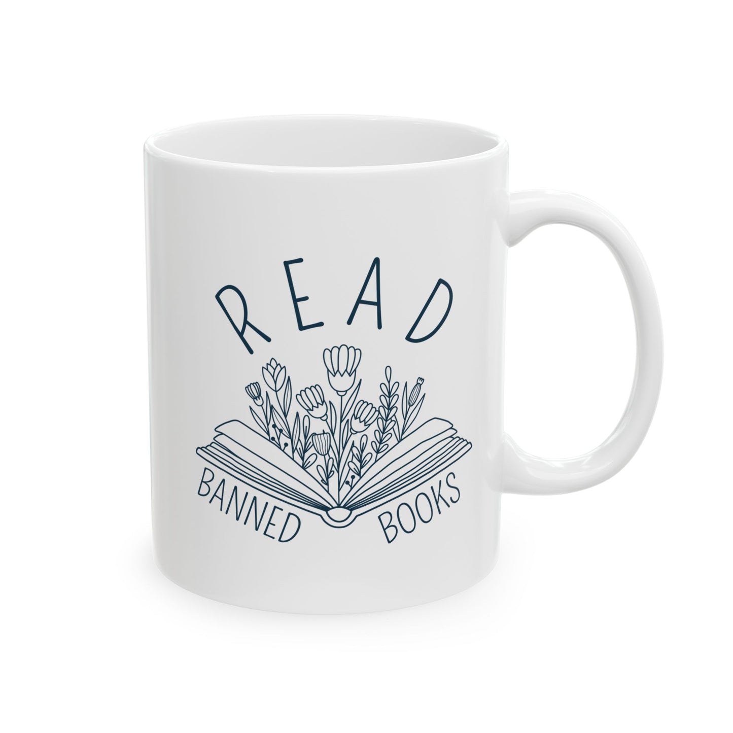 Ceramic Mug, Book Line Art with Flowers, Read Banned Books Coffee Cup, Literary Mug, Book Lover Gift, Library Decor, Bookworm Gift, Bookish
