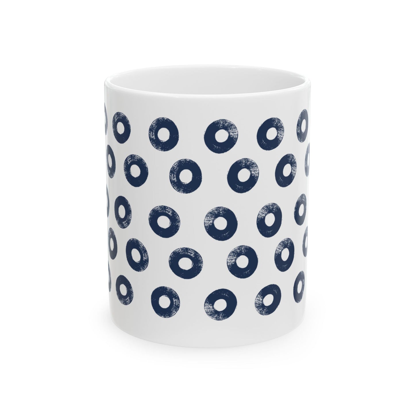 Navy Circles Ceramic Coffee Mug, Distressed Brush Circles Indigo Tea Cup for Home, Office, Cute Coffee Cup, Tea Lover's Mug, Unisex gift