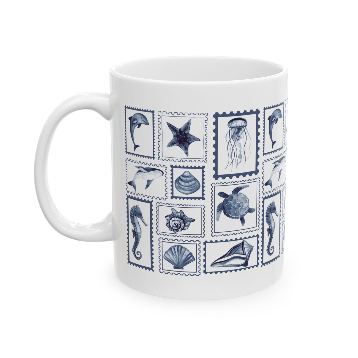 Nautical Ceramic Mug, 11oz and 15oz, Stamp Design Ocean-Themed Drinkware, Sea Life Coffee Cup, Coastal Decor, Ideal Gift for Marine Lovers