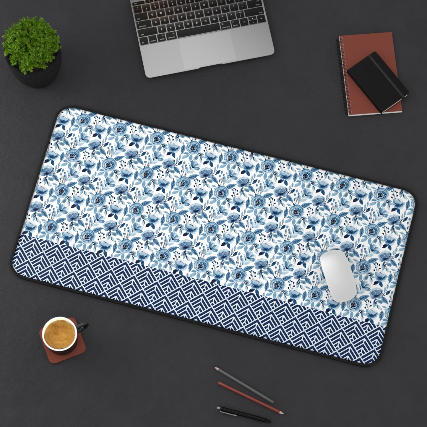 Floral Desk Mat with Geometric Pattern, Hemmed Edges, Stylish Work Surface, Home Office Decor, Gift for Students, Large Computer Mouse Pad