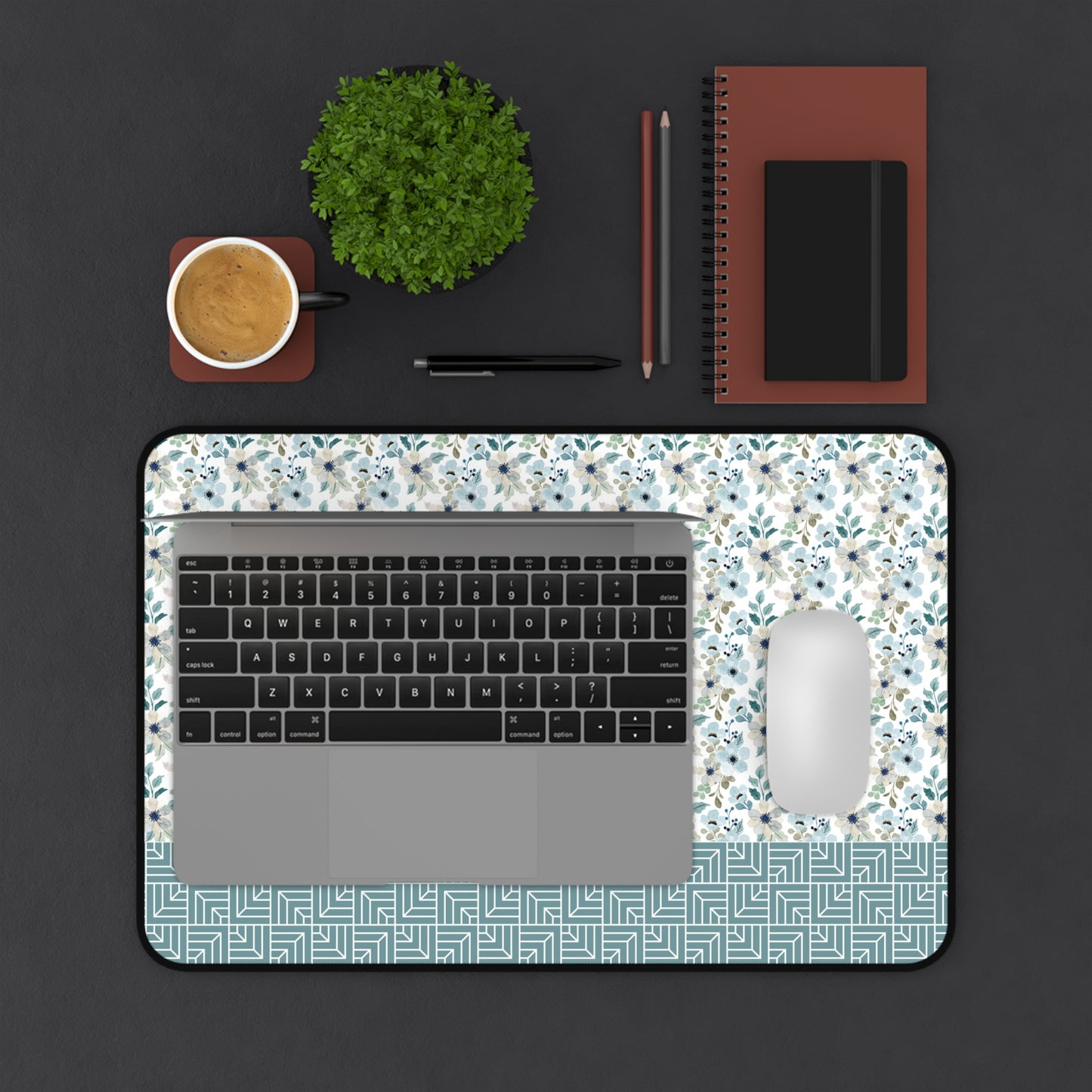 Chic Floral Desk Mat with Geometric Pattern, Hemmed Edges, Stylish Work Surface, Home Office Decor, Gift for Students, Large Mouse Pad