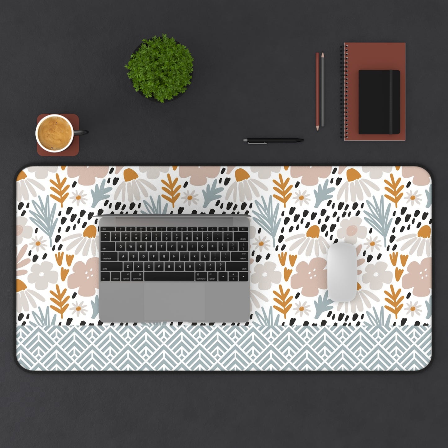 Floral Desk Mat with Geometric Pattern, Hemmed Edges, Stylish Work Surface, Home Office Decor, Gift for Students, Large Computer Mouse Pad