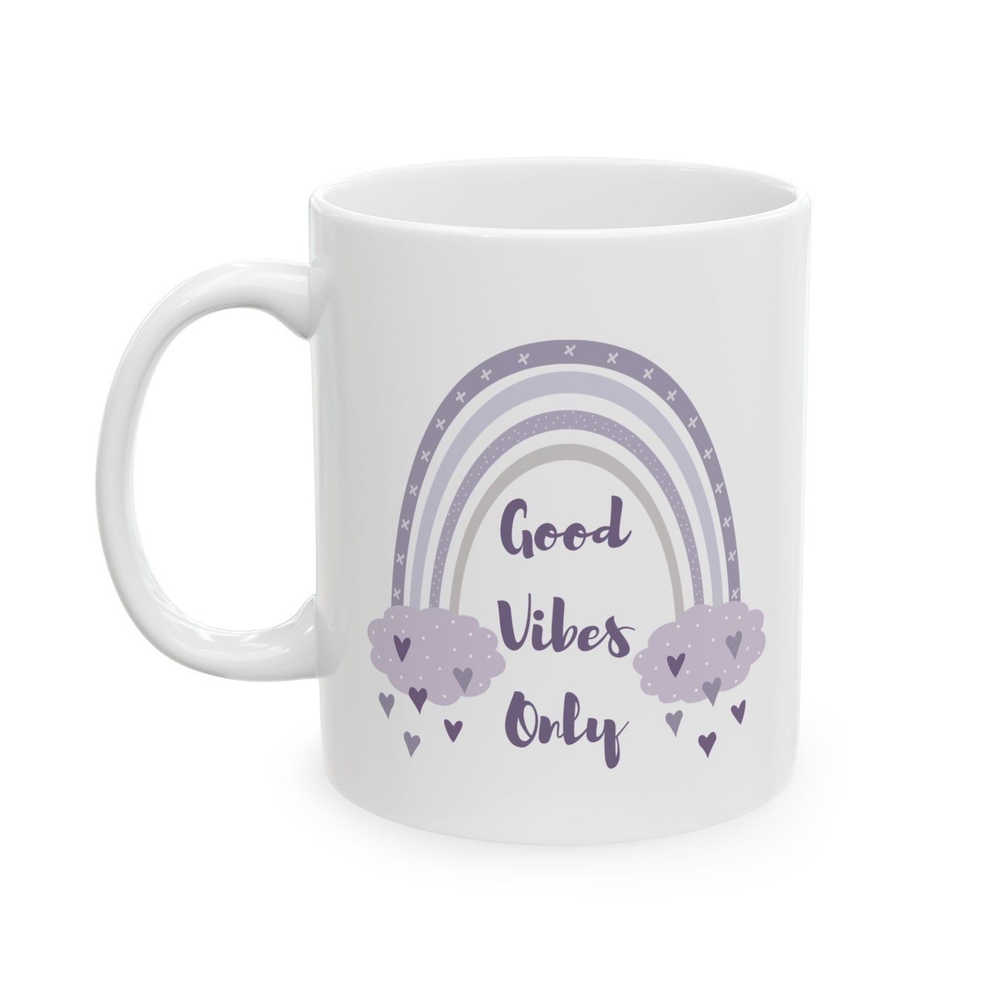 Purple Rainbow Hearts Good Vibes Only Ceramic Mug, Cute Coffee Cup, Gift for Her, Cute Tea Cup, BPA Free Ceramic Mug 11oz/15oz