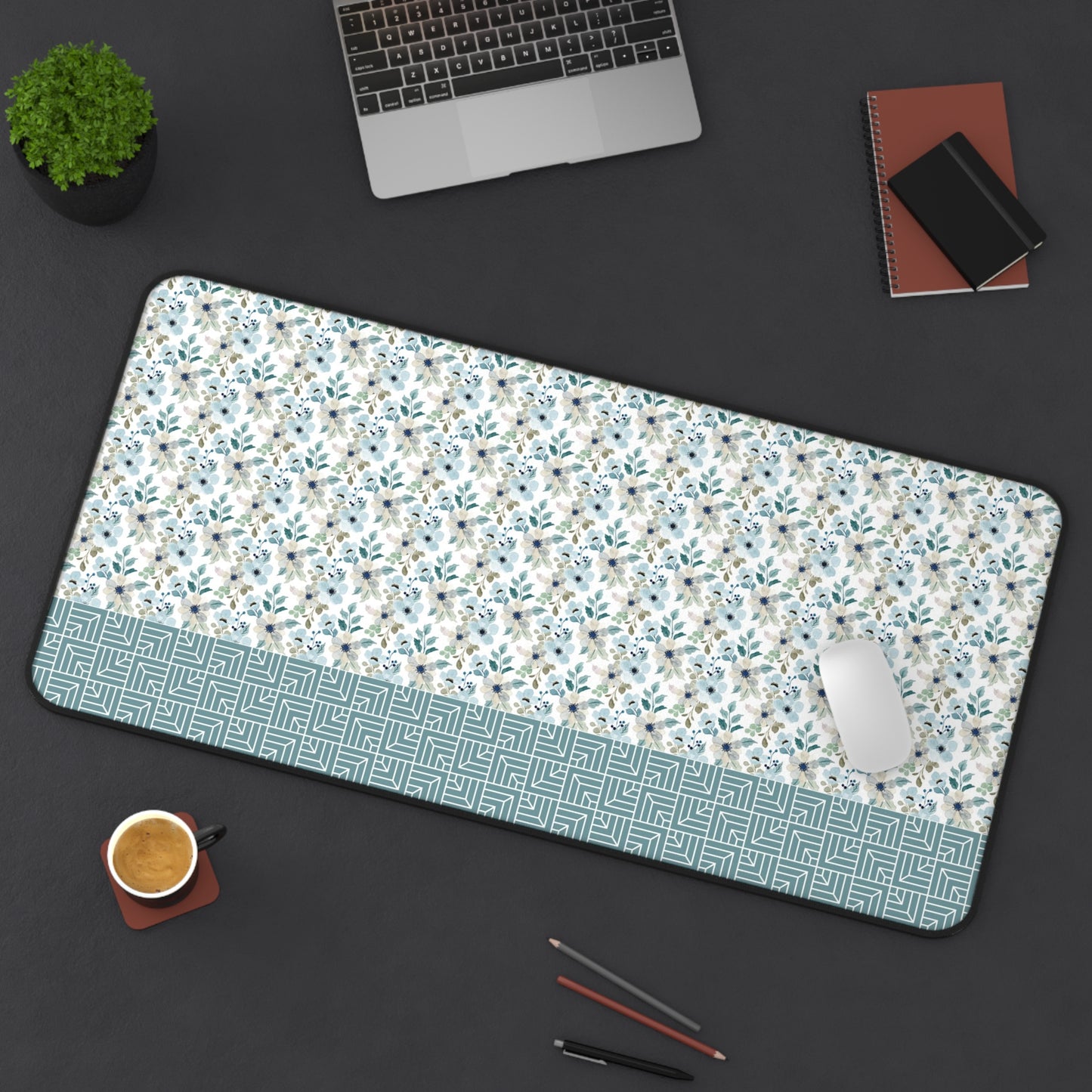 Chic Floral Desk Mat with Geometric Pattern, Hemmed Edges, Stylish Work Surface, Home Office Decor, Gift for Students, Large Mouse Pad