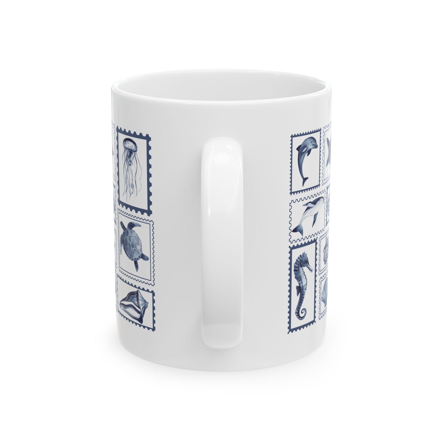 Nautical Ceramic Mug, 11oz and 15oz, Stamp Design Ocean-Themed Drinkware, Sea Life Coffee Cup, Coastal Decor, Ideal Gift for Marine Lovers