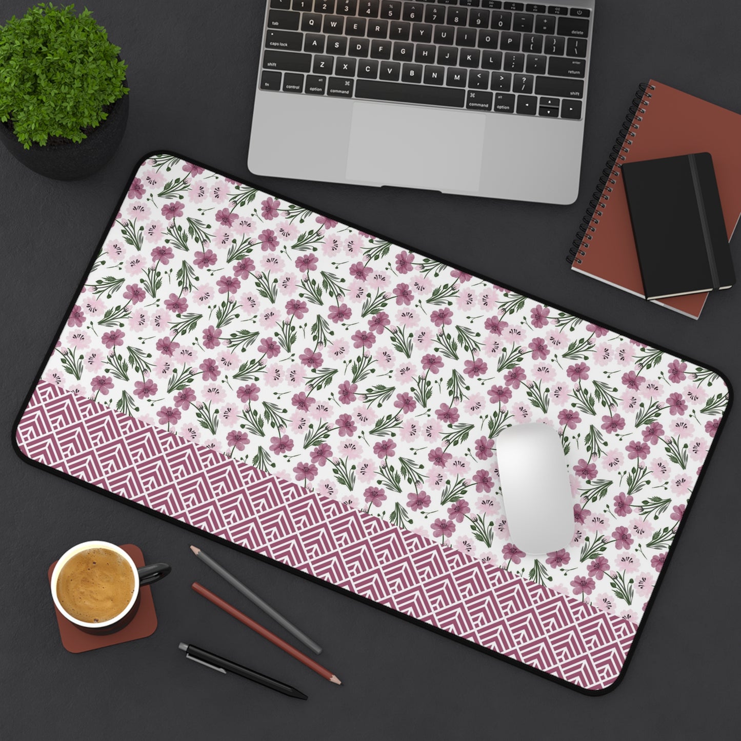 Floral Desk Mat with Geometric Pattern, Hemmed Edges, Stylish Work Surface, Home Office Decor, Gift for Students, Large Computer Mouse Pad