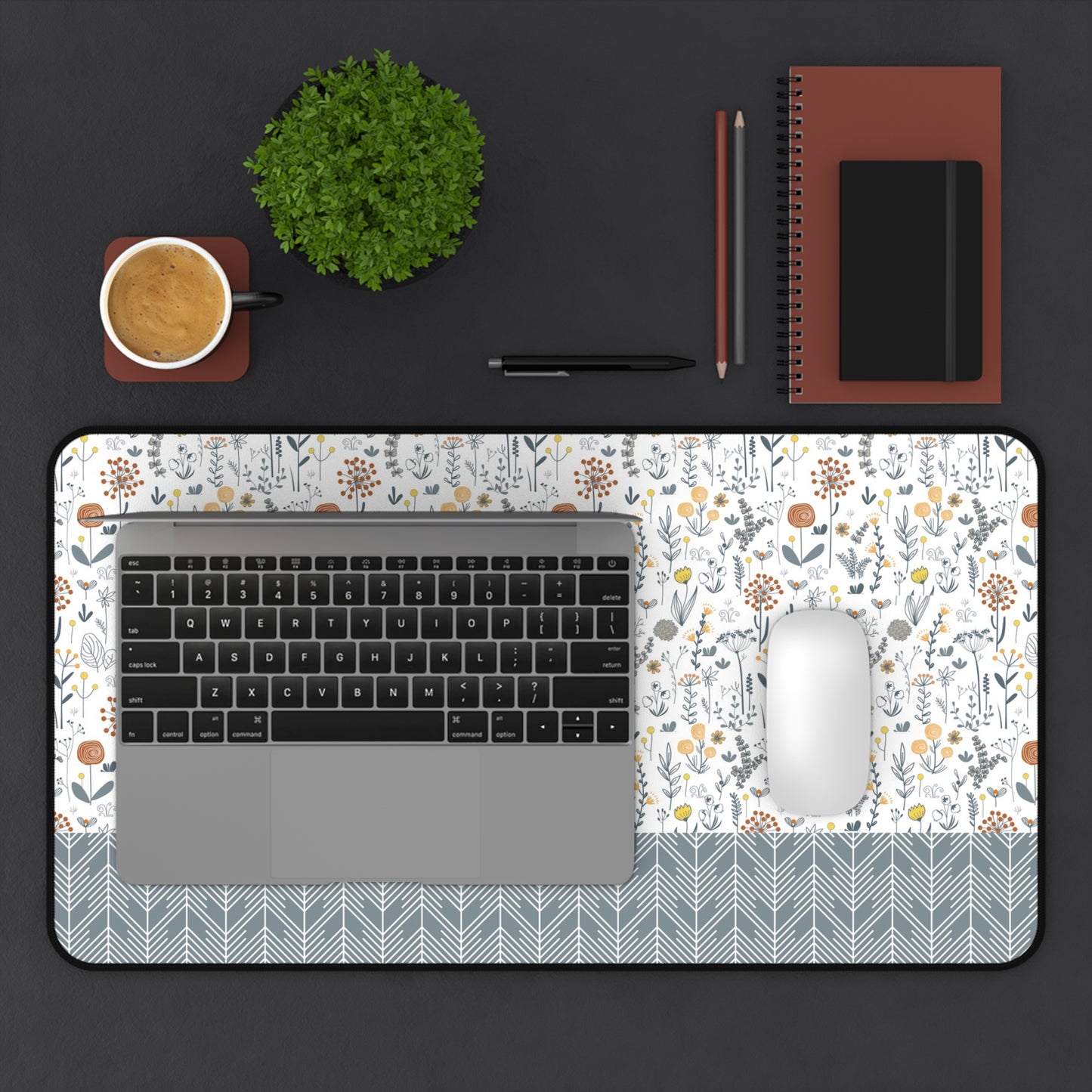 Floral Desk Mat with Geometric Pattern, Hemmed Edges, Stylish Work Surface, Home Office Decor, Gift for Students, Large Computer Mouse Pad