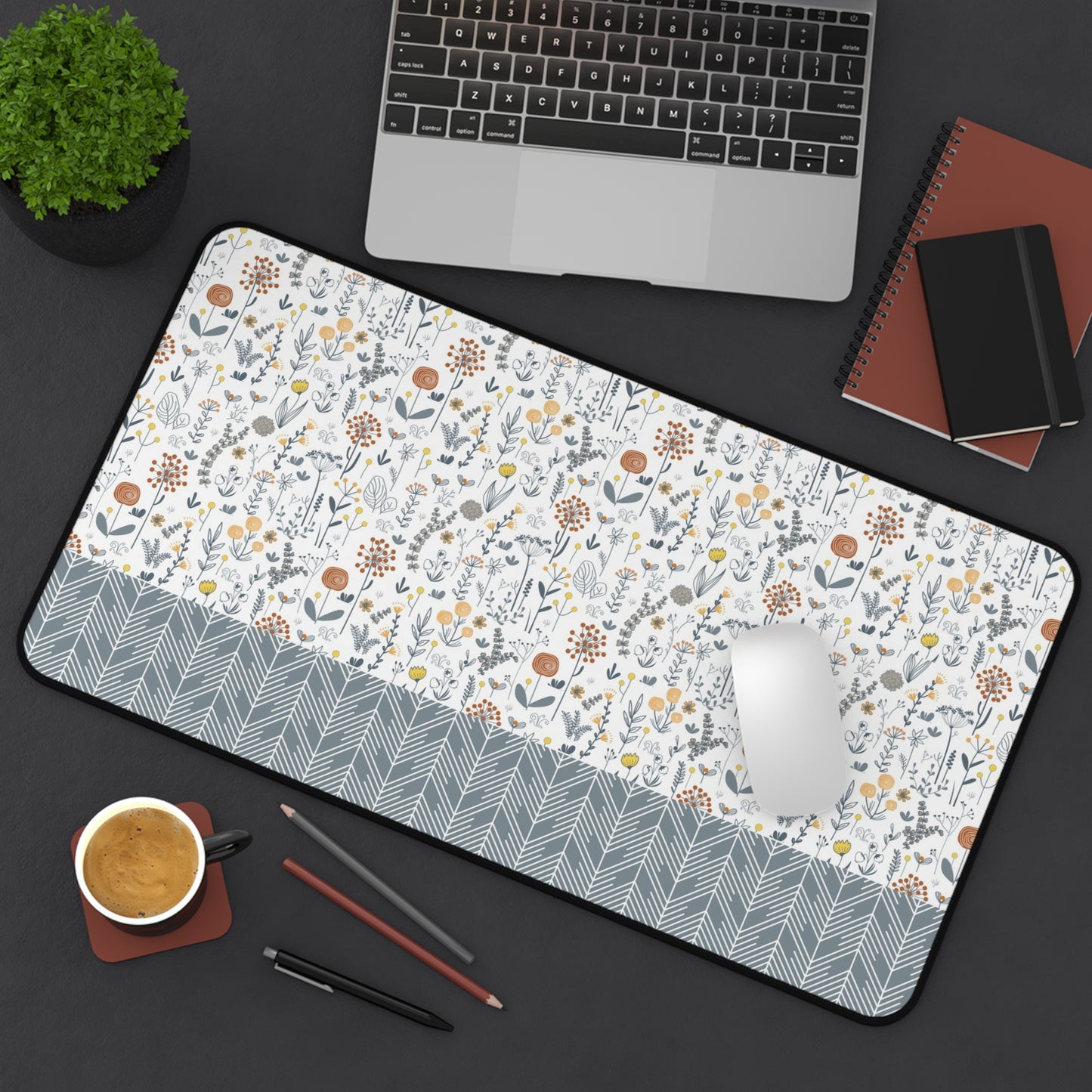 Floral Desk Mat with Geometric Pattern, Hemmed Edges, Stylish Work Surface, Home Office Decor, Gift for Students, Large Computer Mouse Pad