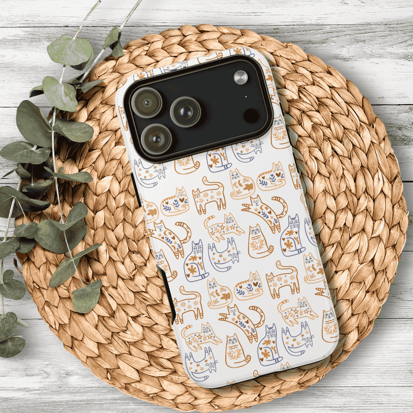 Scandinavian Folk Art Cat Print Phone Case - iPhone 17 / 17 Air / 17 Pro Max, Samsung Galaxy S26, Google Pixel | Matte & Glossy