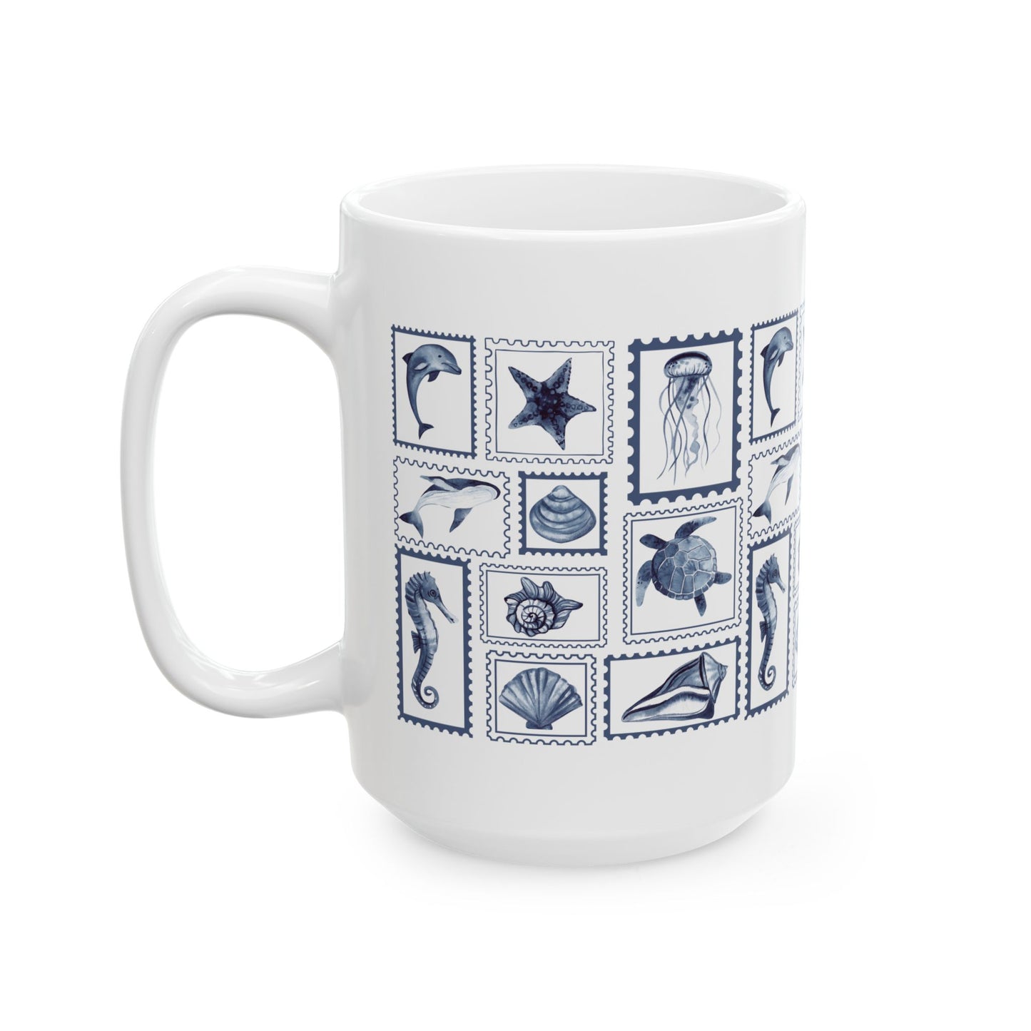 Nautical Ceramic Mug, 11oz and 15oz, Stamp Design Ocean-Themed Drinkware, Sea Life Coffee Cup, Coastal Decor, Ideal Gift for Marine Lovers
