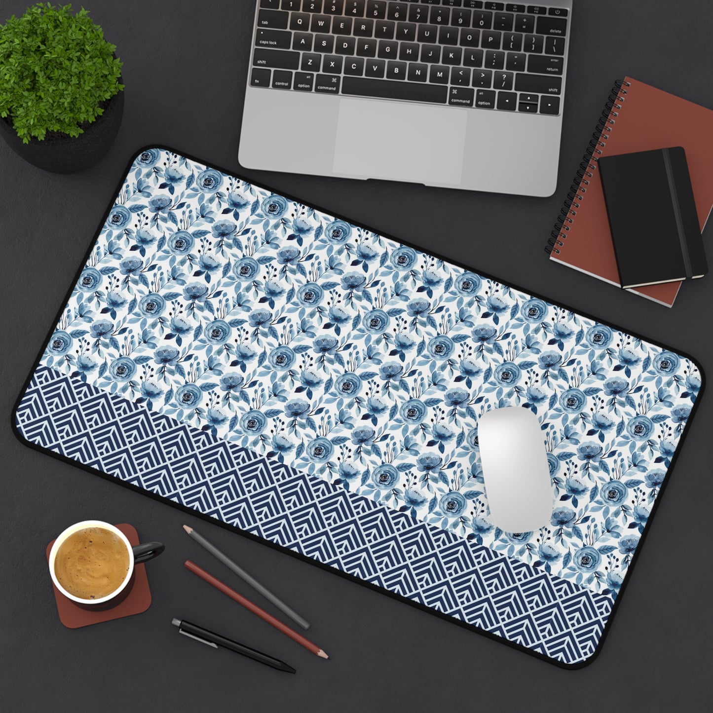 Floral Desk Mat with Geometric Pattern, Hemmed Edges, Stylish Work Surface, Home Office Decor, Gift for Students, Large Computer Mouse Pad