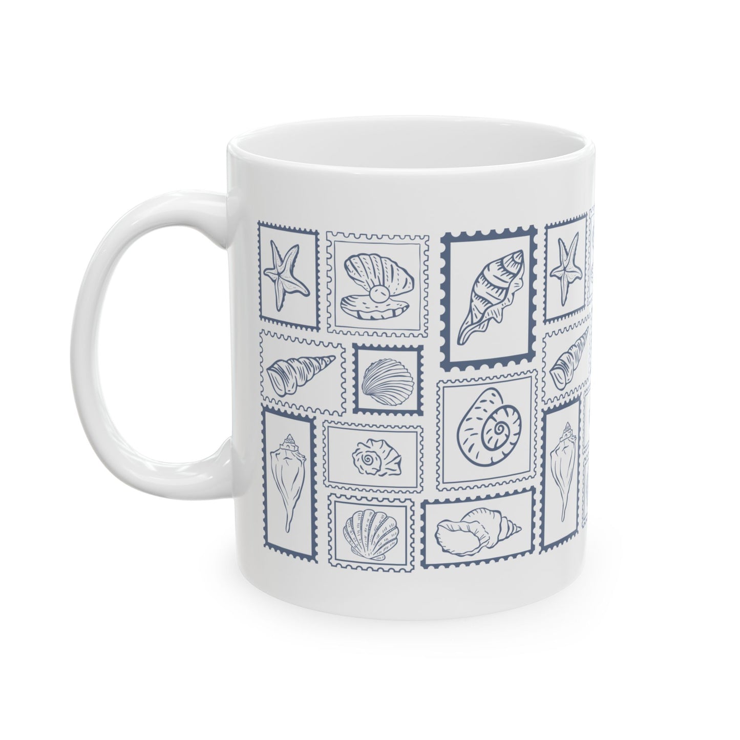 Shells & Stamps Ceramic Mug - Coastal Decor, Ocean Lover Gift, Nautical Kitchen, Beach House Essentials, Summer Vibes