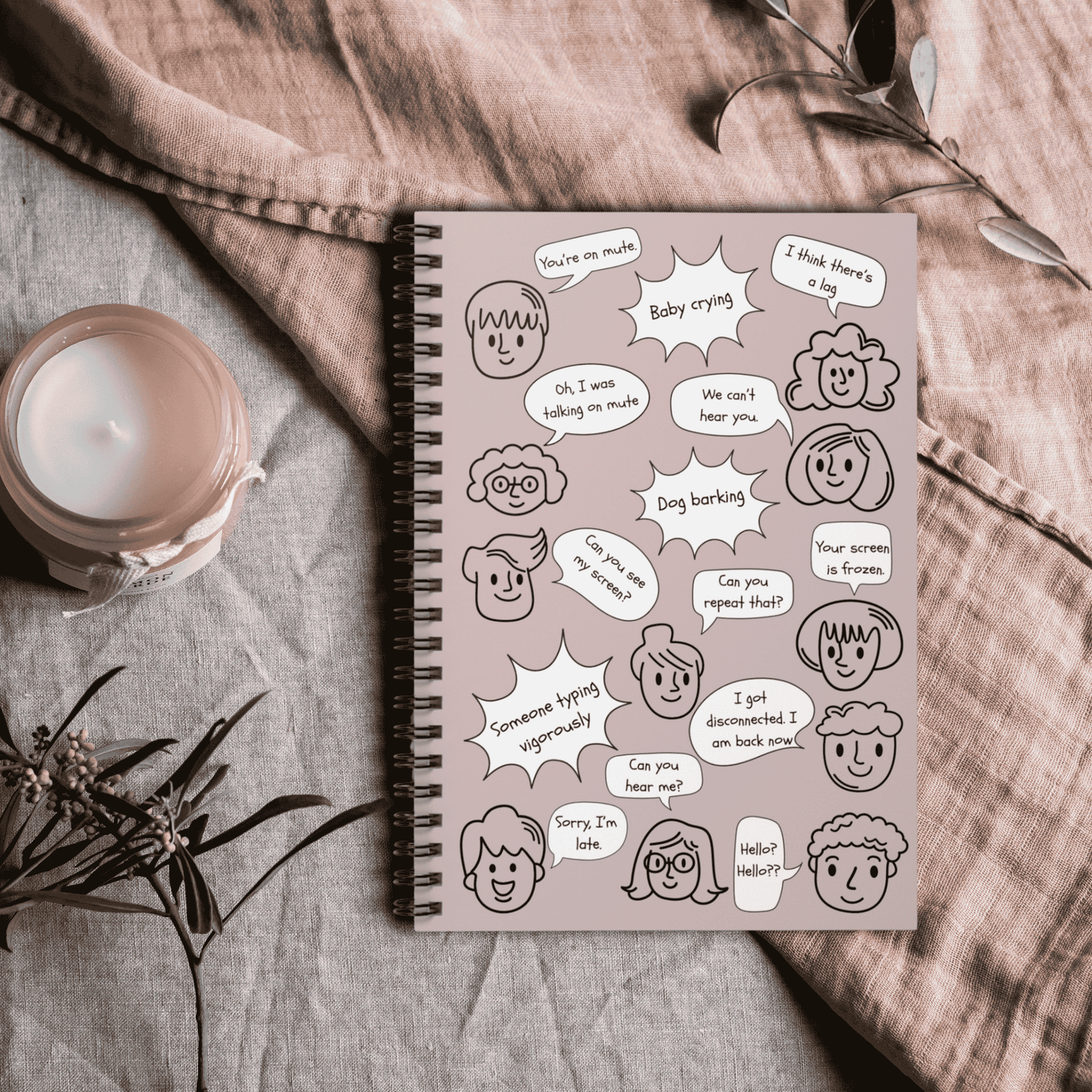 Funny Spiral Notebook - Ruled Line with Document Pocket, Dusty Rose, Work from Home Essentials, Conference Call Bingo, You're on Mute