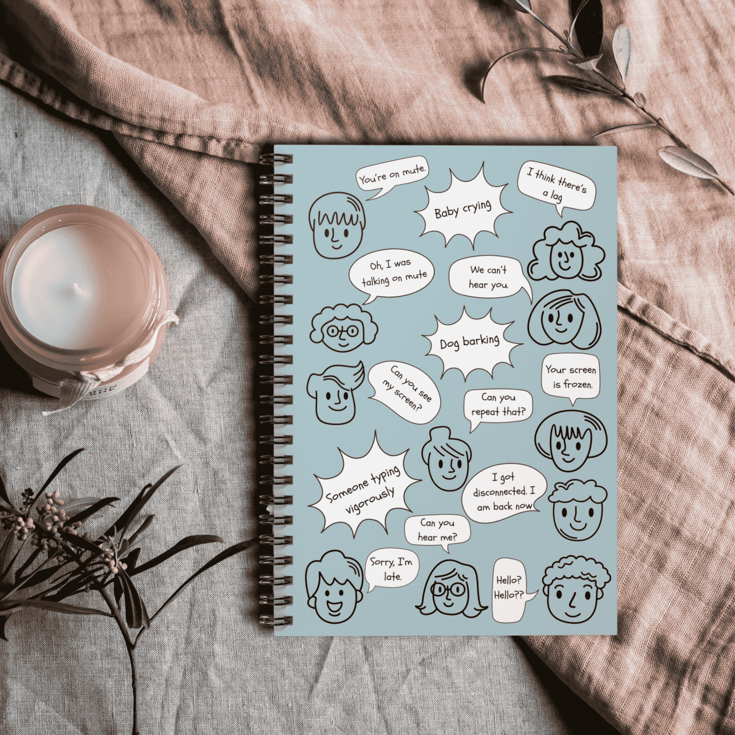 Funny Whimsical Spiral Notebook with Document Pocket, Remote Working Humor, Conference Call Bingo, Home Office, Gift for Boss, Coworker