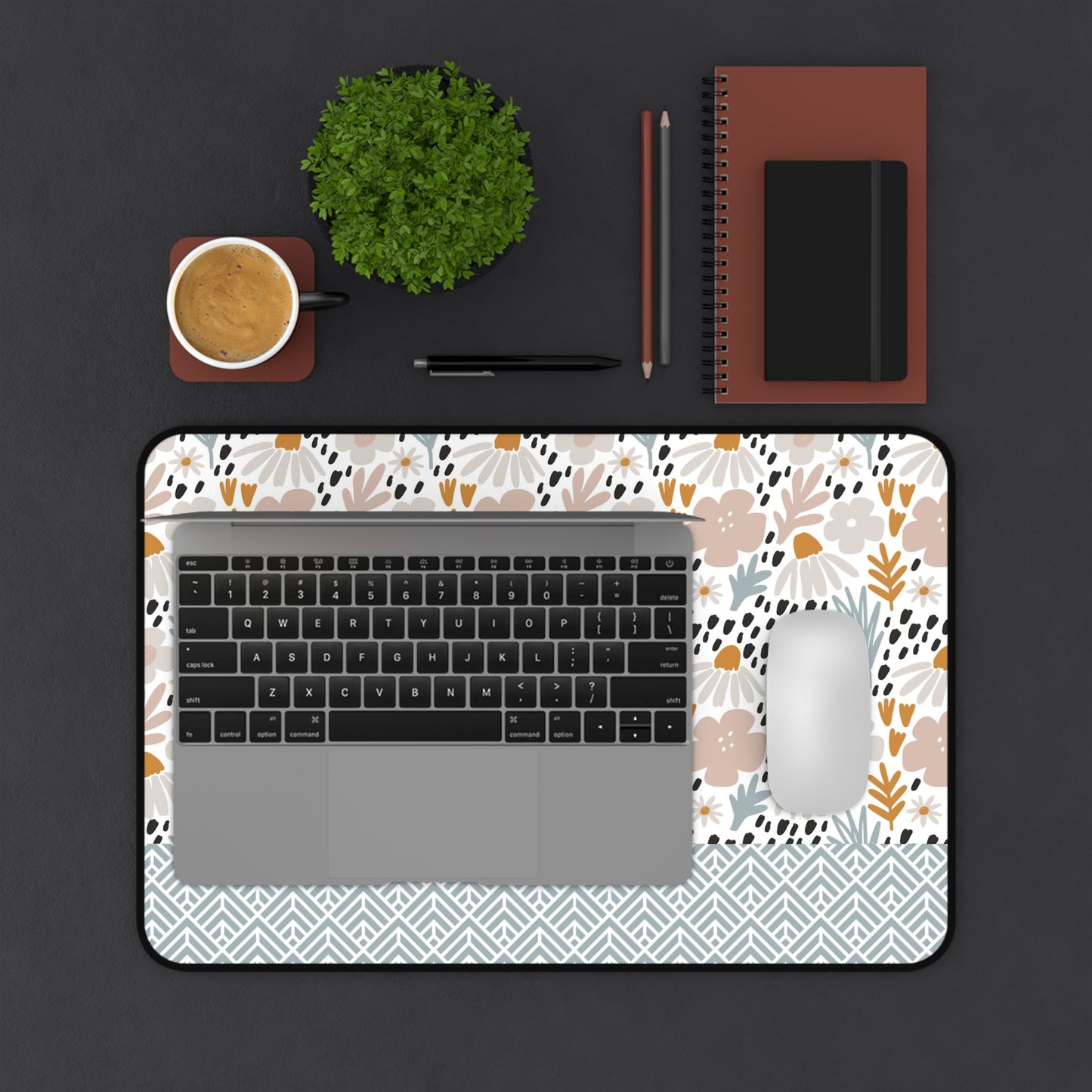 Floral Desk Mat with Geometric Pattern, Hemmed Edges, Stylish Work Surface, Home Office Decor, Gift for Students, Large Computer Mouse Pad