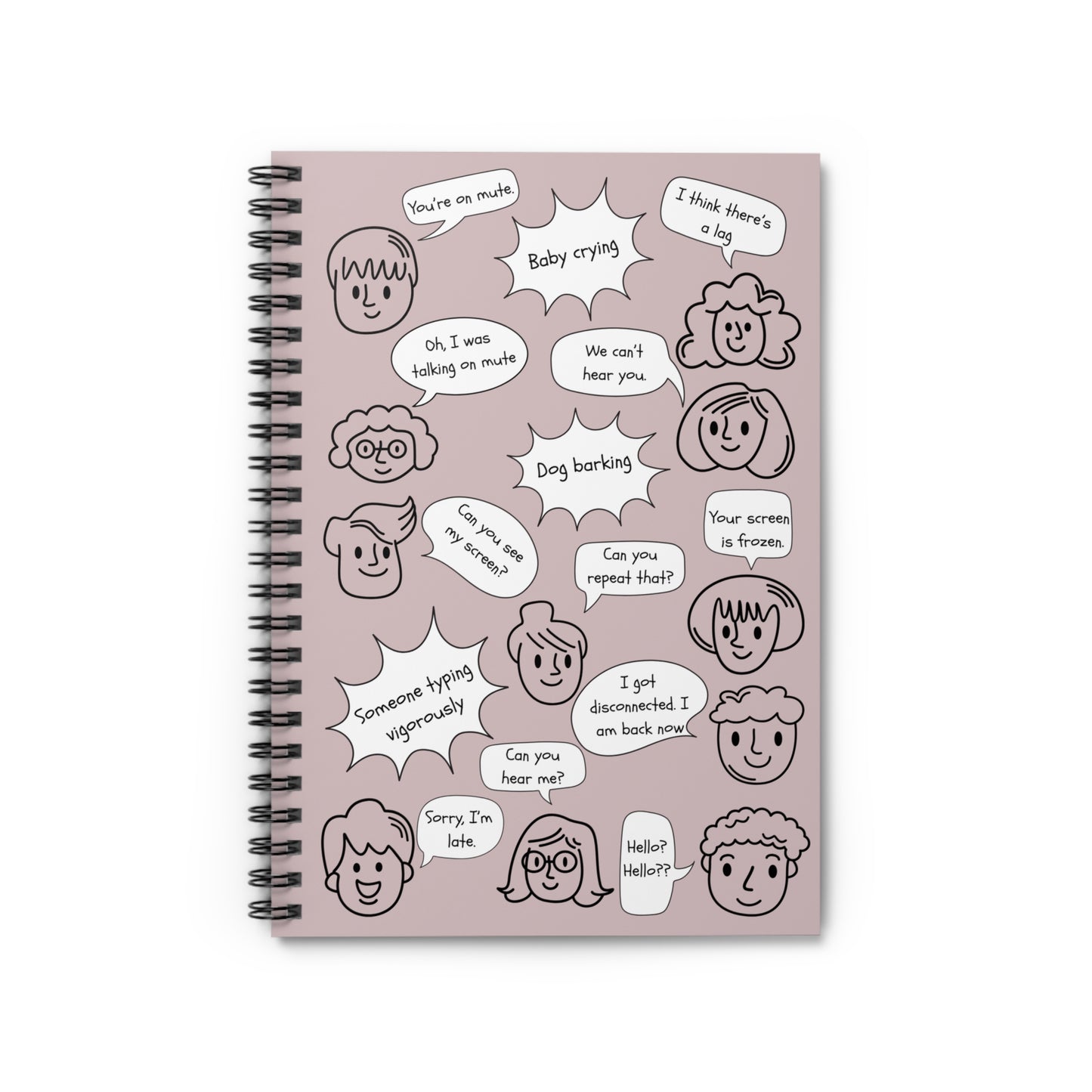 Funny Spiral Notebook - Ruled Line with Document Pocket, Dusty Rose, Work from Home Essentials, Conference Call Bingo, You're on Mute