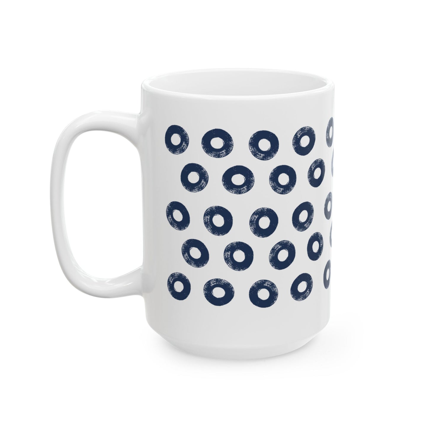 Navy Circles Ceramic Coffee Mug, Distressed Brush Circles Indigo Tea Cup for Home, Office, Cute Coffee Cup, Tea Lover's Mug, Unisex gift
