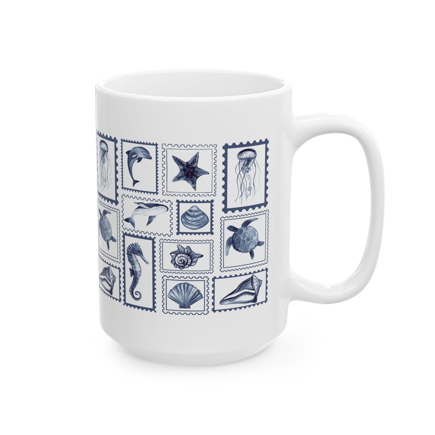 Nautical Ceramic Mug, 11oz and 15oz, Stamp Design Ocean-Themed Drinkware, Sea Life Coffee Cup, Coastal Decor, Ideal Gift for Marine Lovers