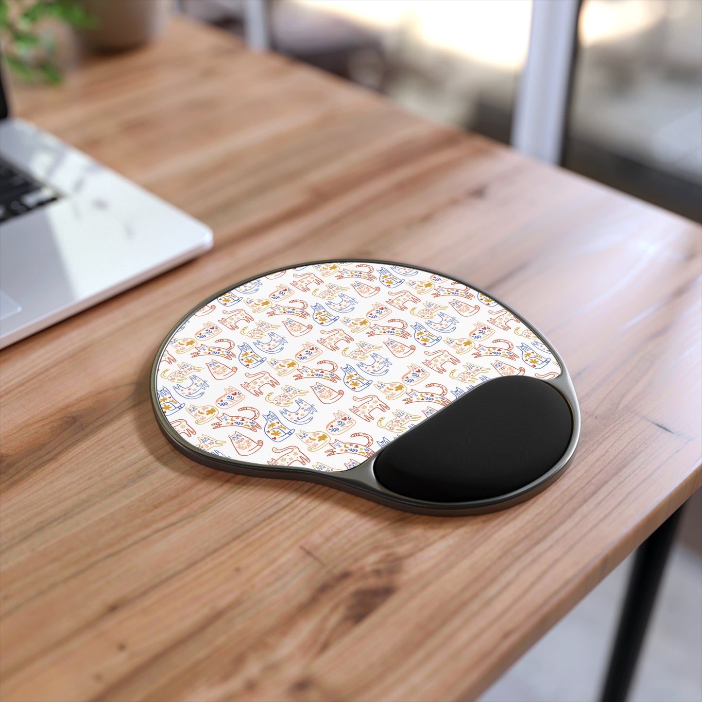 Mouse Pad with Wrist Rest, Ergonomic Mousepad with Wrist Support, Cat Design, Gaming Mousepad, Nordic Scandinavian Style Inspired Folk Art