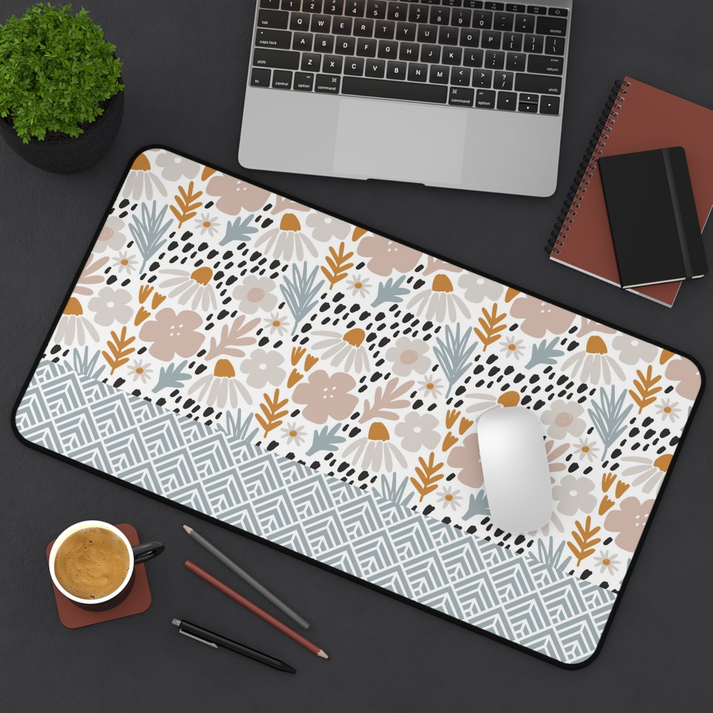 Floral Desk Mat with Geometric Pattern, Hemmed Edges, Stylish Work Surface, Home Office Decor, Gift for Students, Large Computer Mouse Pad