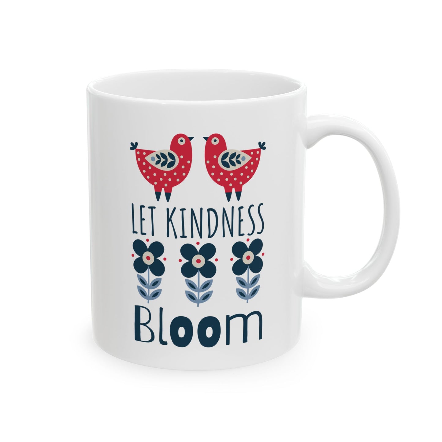 Kindness Mug - Let Kindness Bloom, Scandinavian Nordic Bird and Flower Design, Coffee Lover Gift, Tea Cup, BPA Free Ceramic Mug 11oz/15oz