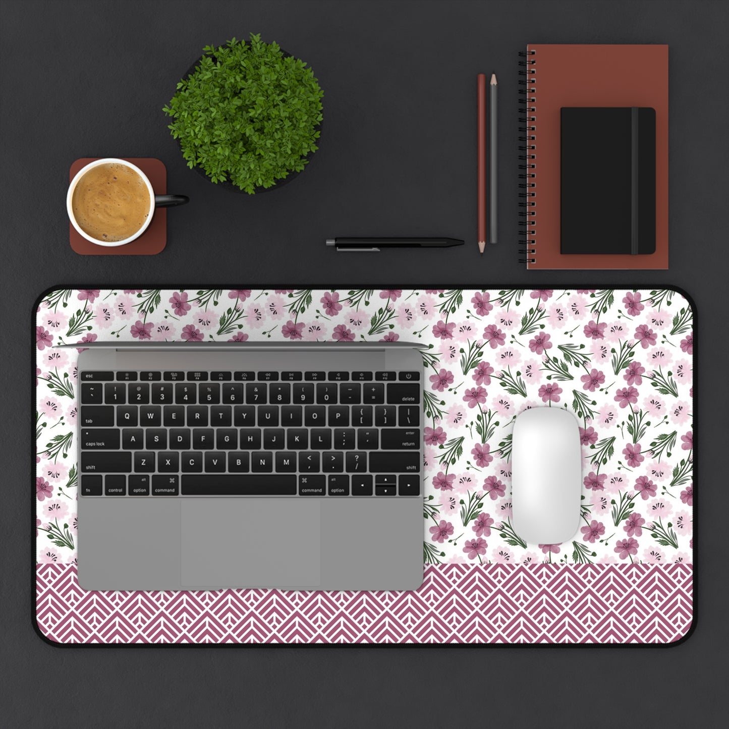 Floral Desk Mat with Geometric Pattern, Hemmed Edges, Stylish Work Surface, Home Office Decor, Gift for Students, Large Computer Mouse Pad